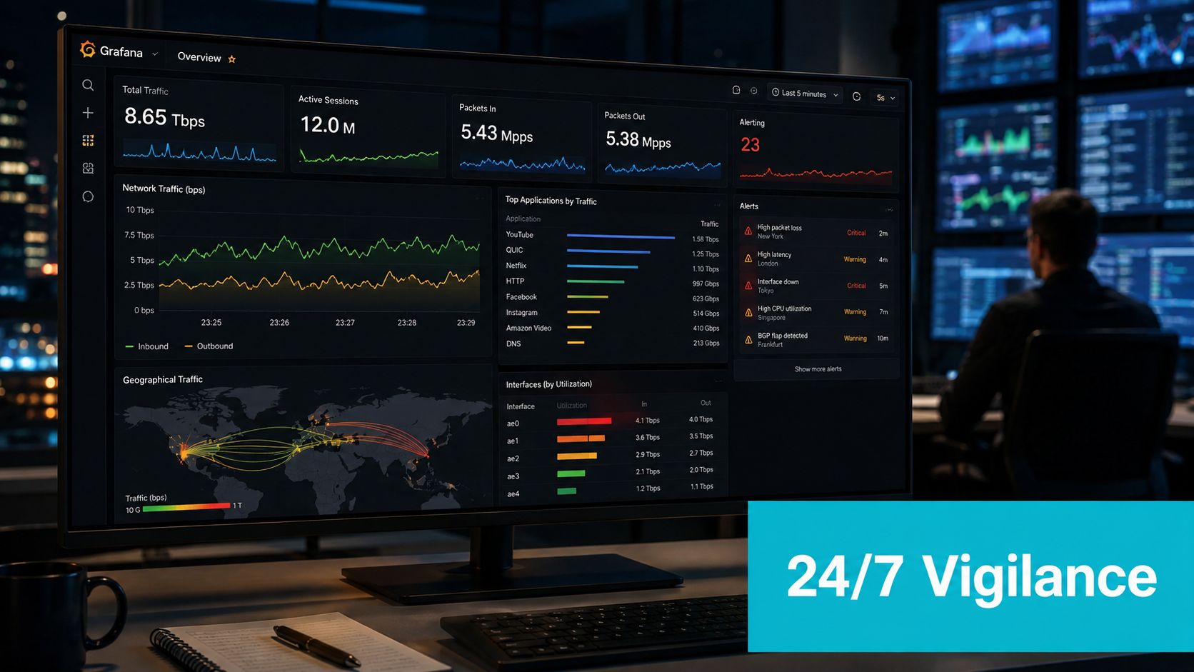 A professional monitoring dashboard displaying network traffic metrics with a system administrator working in a dark office.