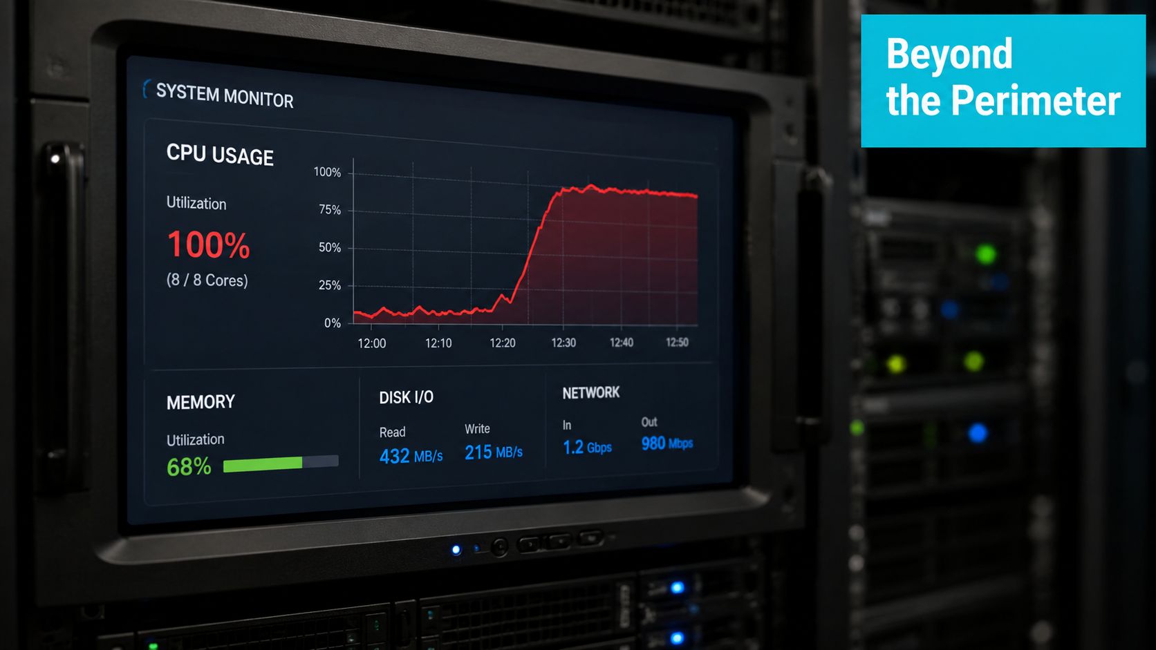 A server rack monitoring screen displaying high CPU usage and network traffic during a potential cyber attack.