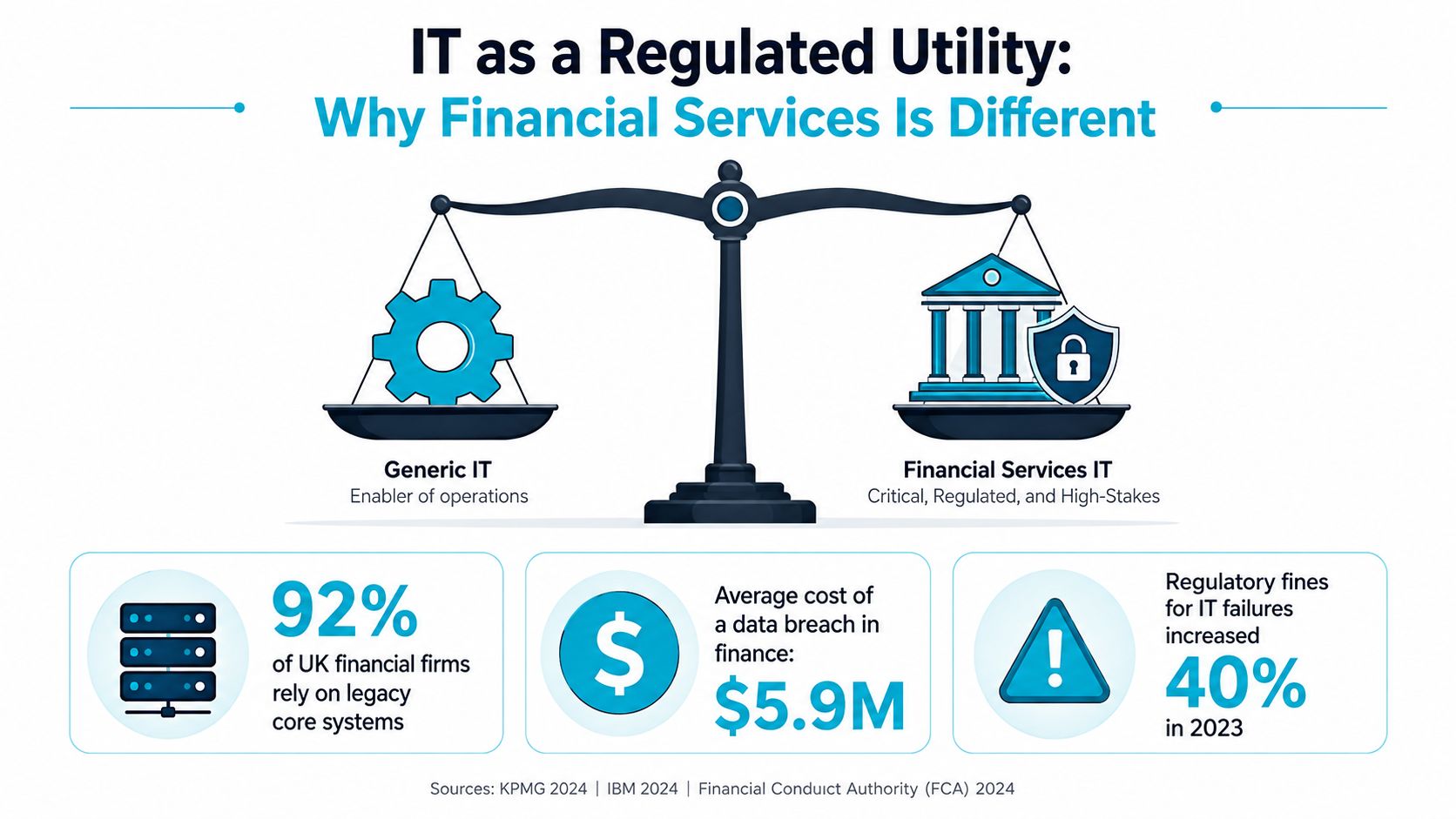 An infographic comparing generic IT with high-stakes financial services IT, highlighting legacy system reliance and regulatory costs.