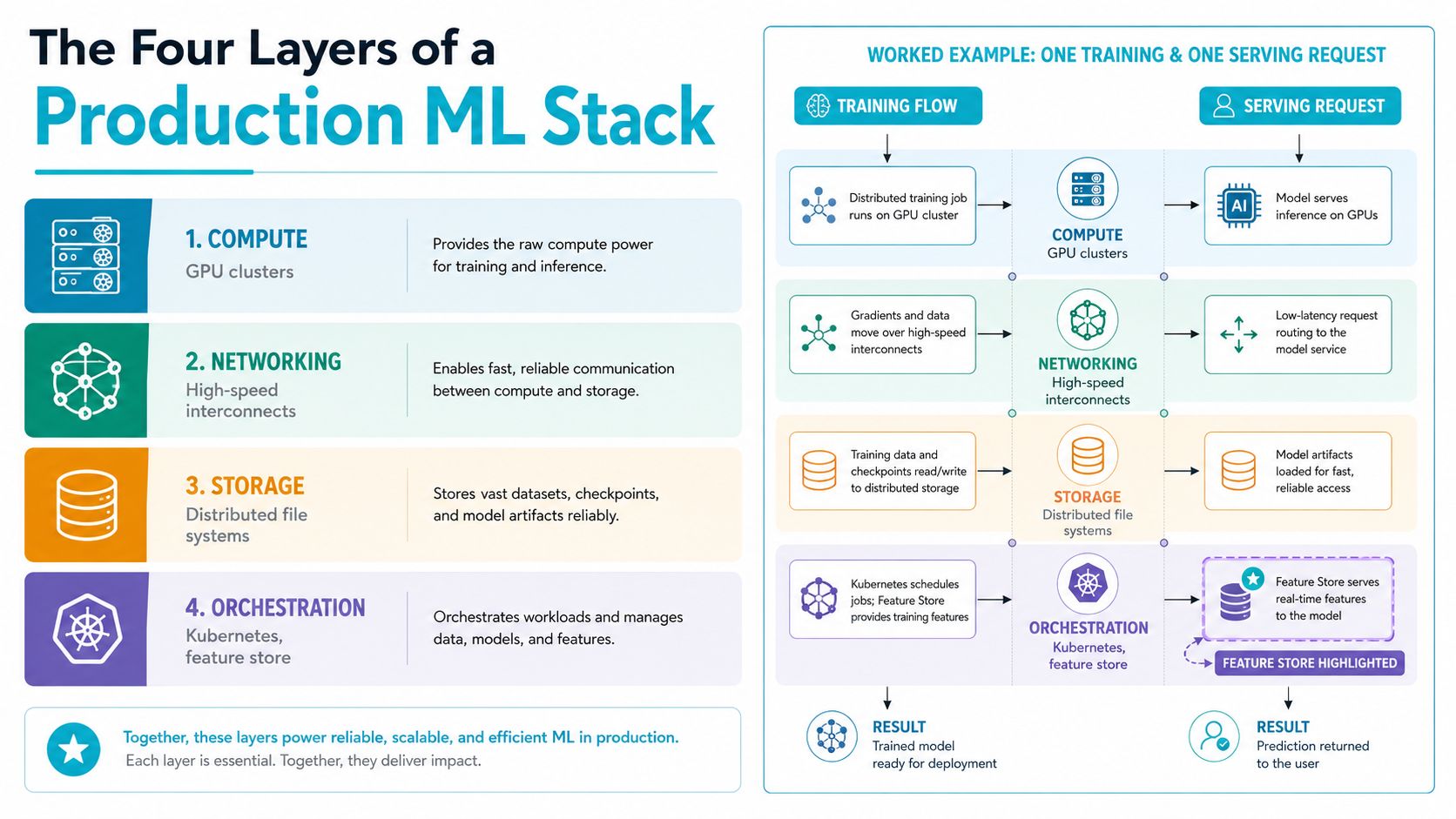 An infographic showing the four essential layers of a production machine learning stack: compute, networking, storage, and orchestration.