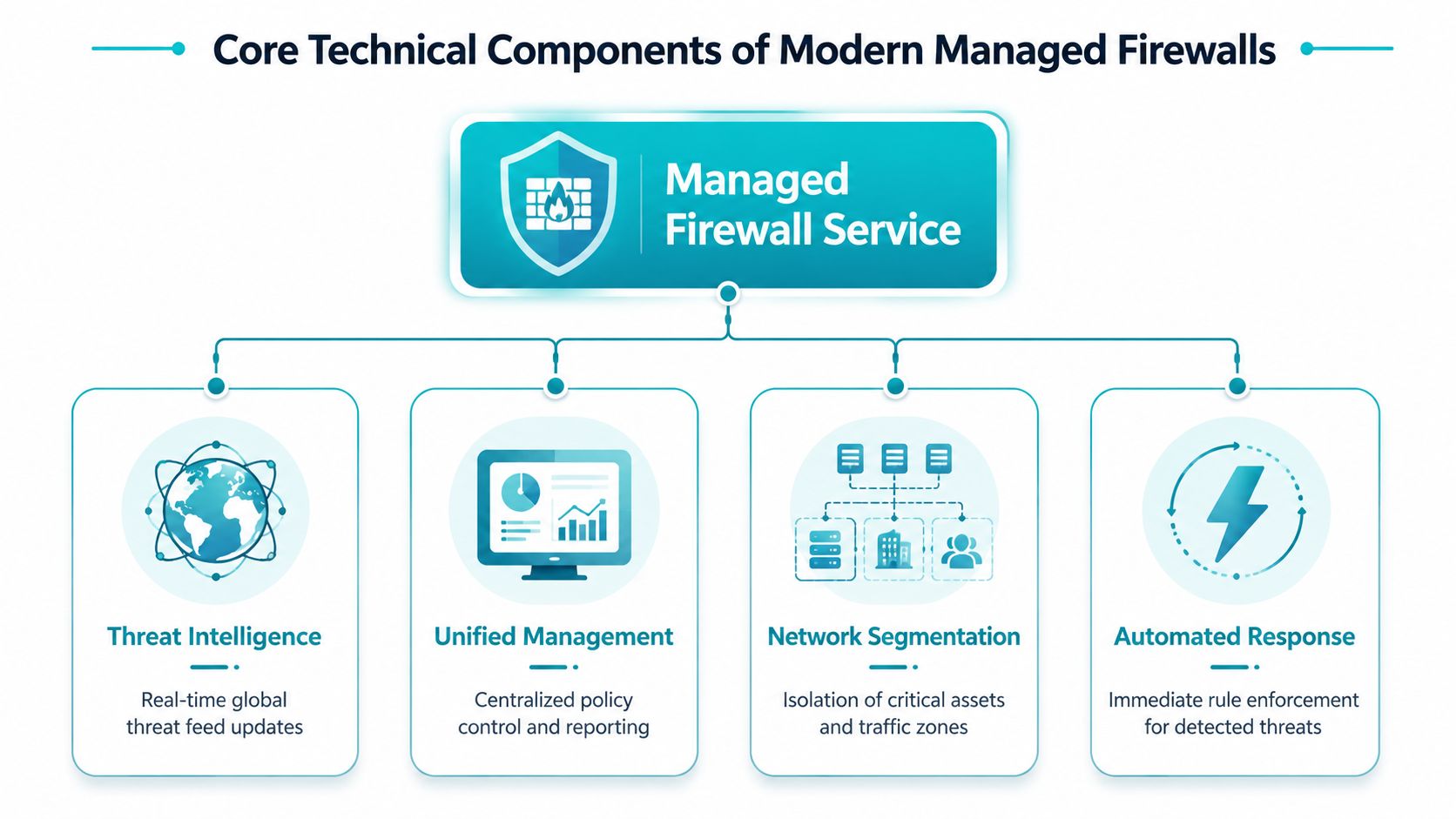 A diagram outlining the four core technical components of modern managed firewall services in a professional layout.