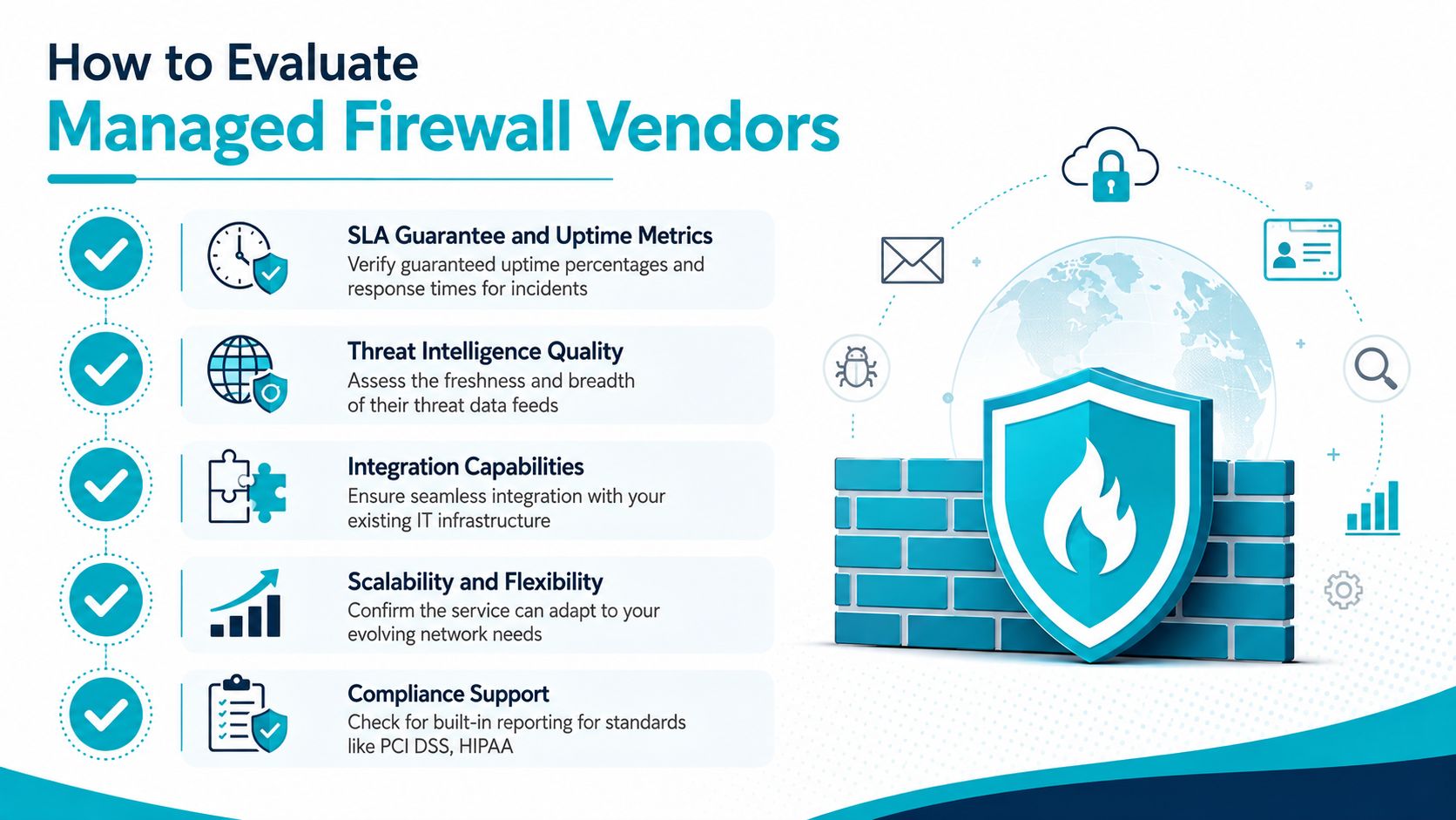 An infographic titled How to Evaluate Managed Firewall Vendors listing five key factors for selecting service providers.