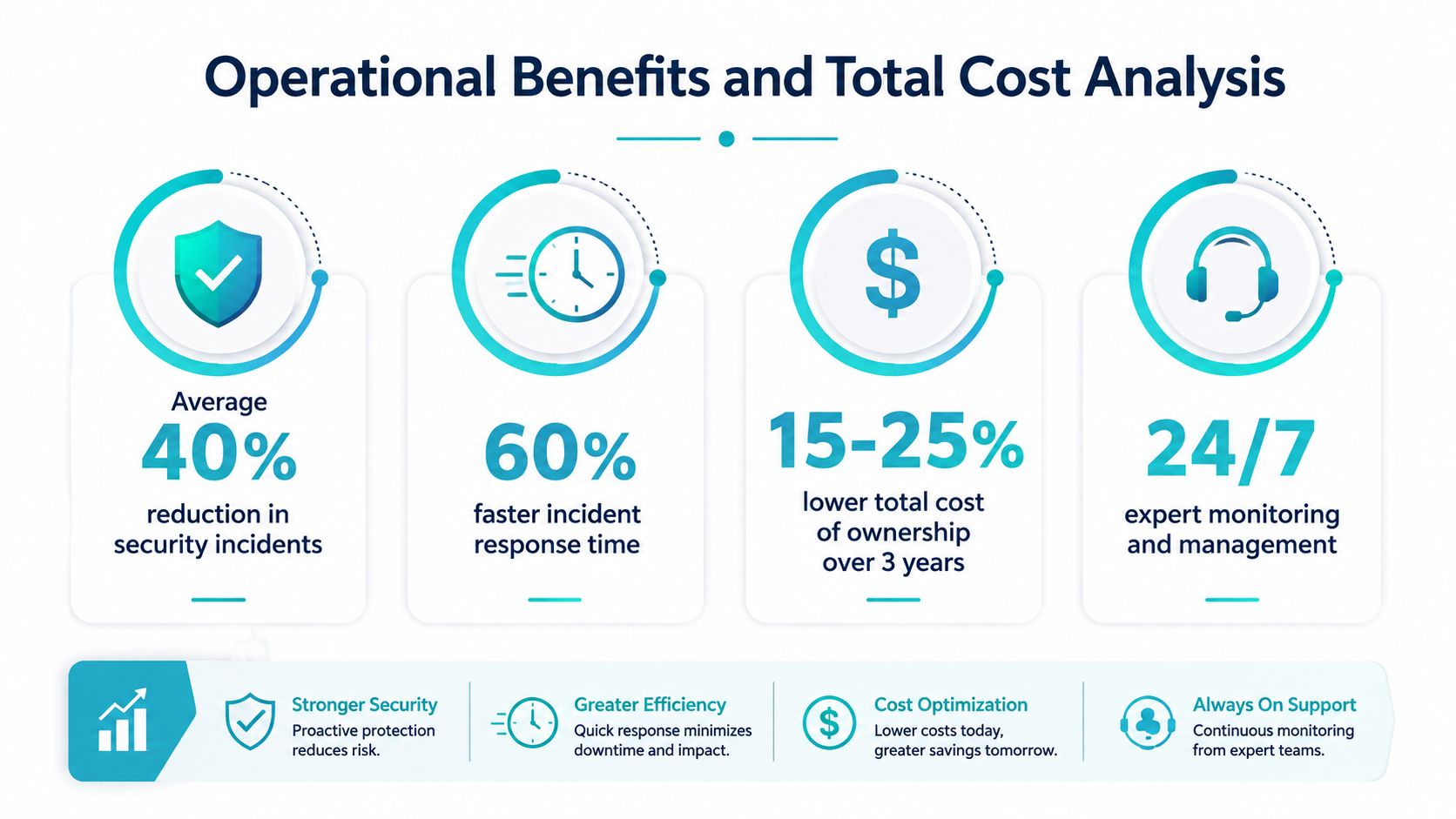 An infographic showing operational benefits of managed firewall services including security, efficiency, cost reduction, and 24/7 support.