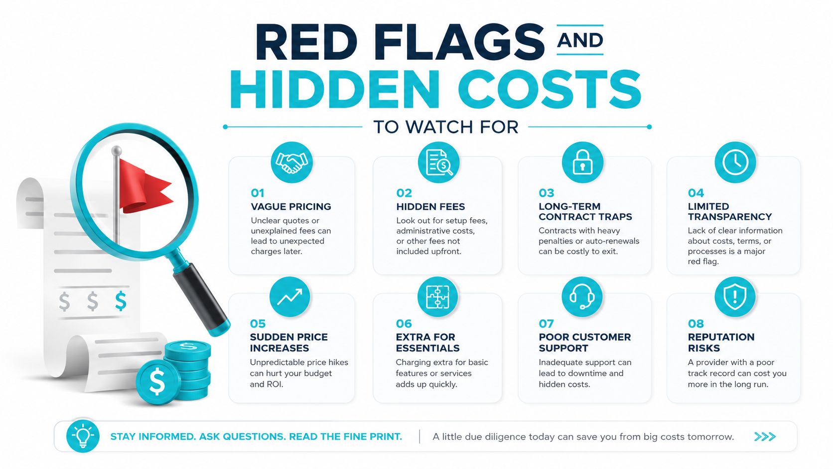 An infographic detailing eight red flags and hidden costs to watch for when choosing business service providers.