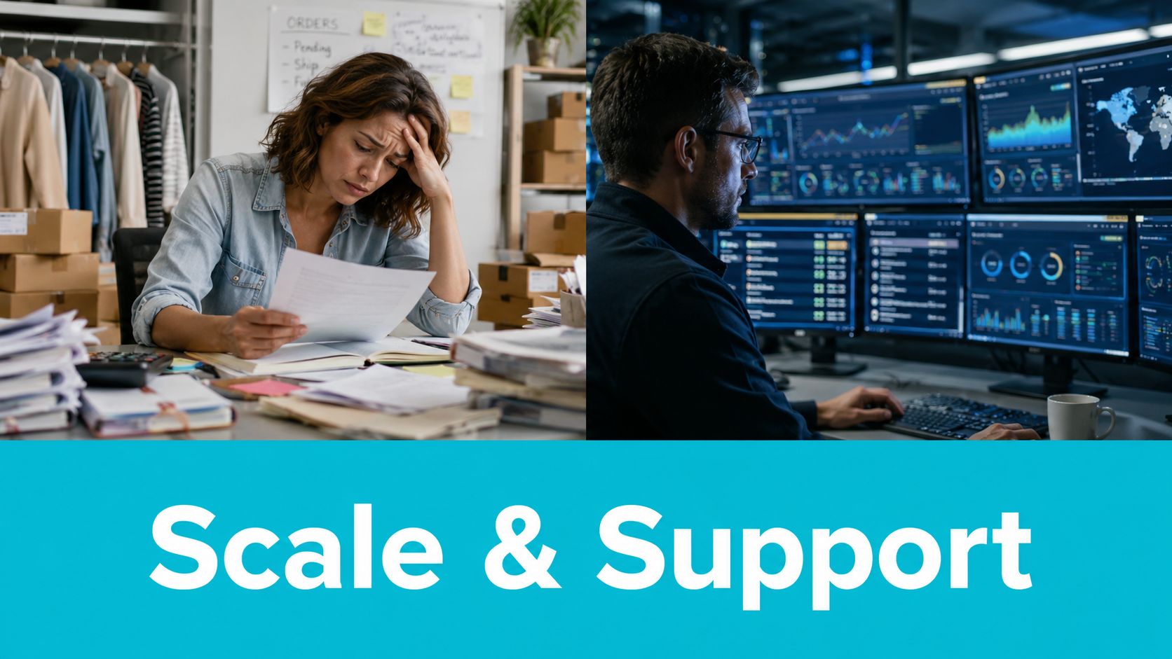 A split screen comparing a stressed business owner with paper files against a technician monitoring digital data.