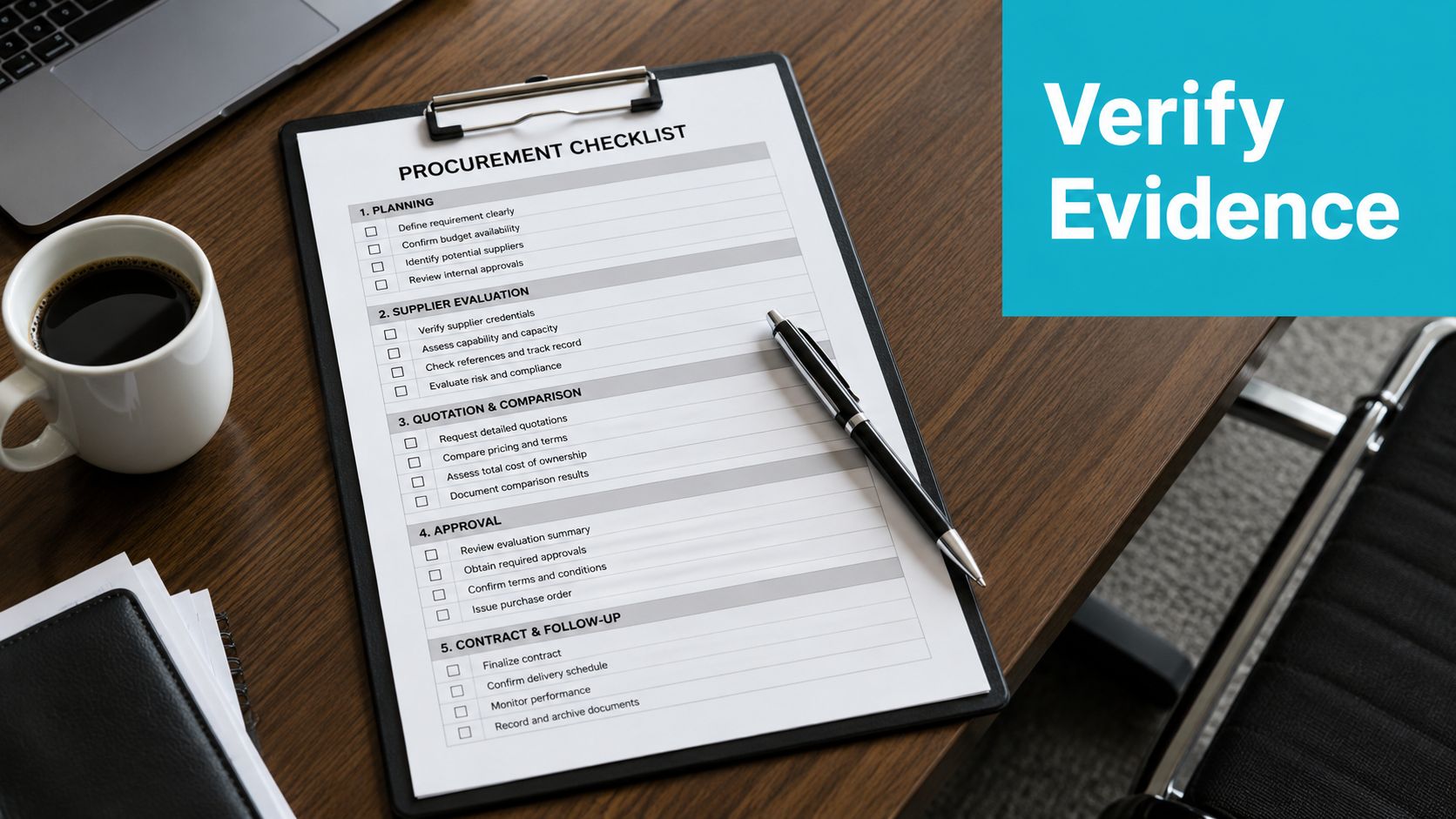 A procurement checklist on a clipboard sits on an office desk with a coffee mug and pen.