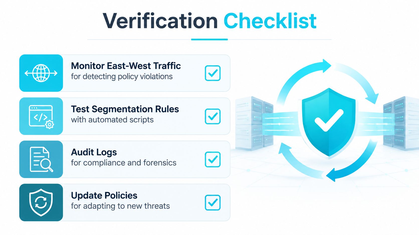 A verification checklist infographic for network segmentation best practices featuring security icons and server infrastructure visualizations.