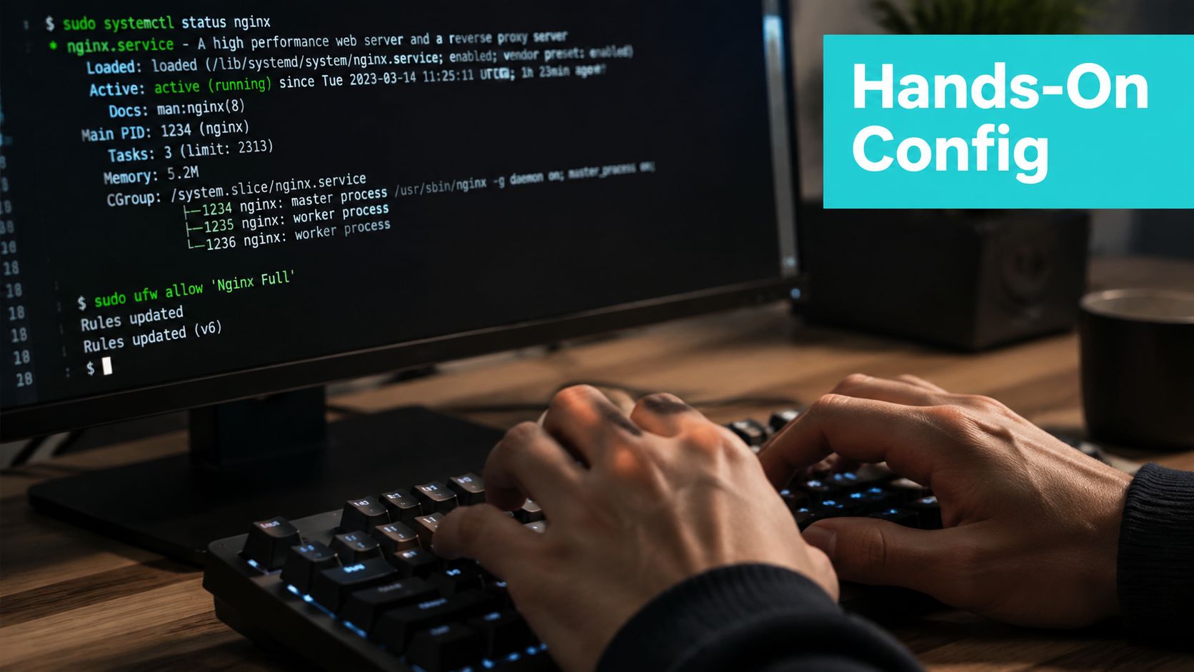A developer typing on a keyboard while configuring Nginx web server settings on a computer screen.