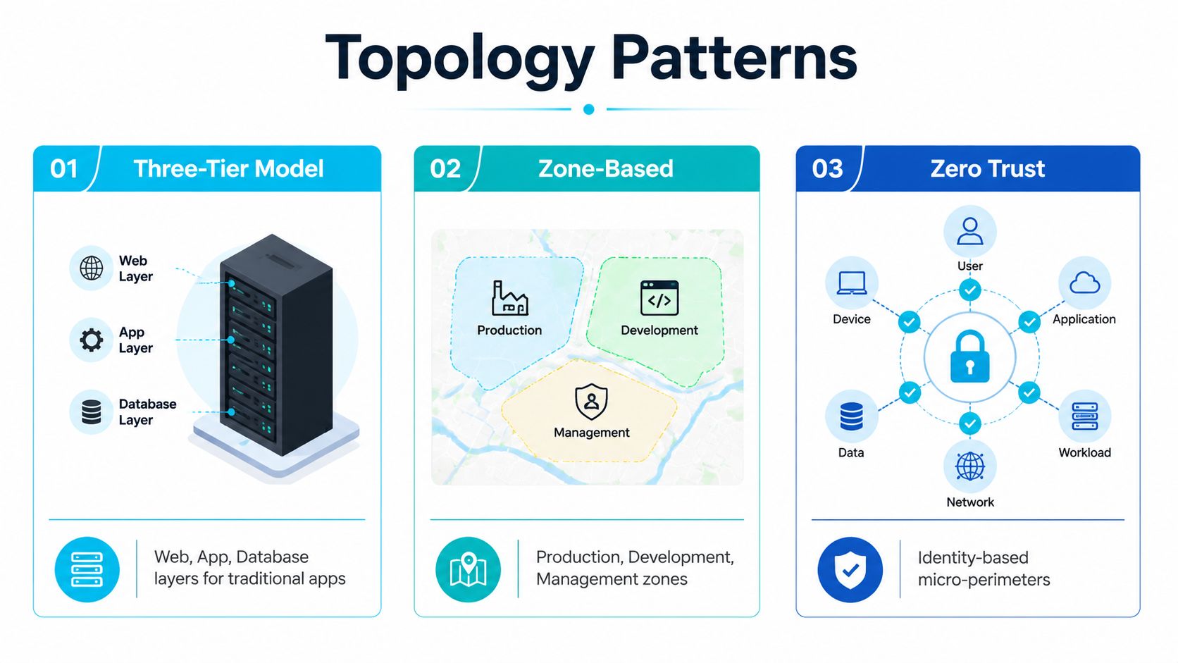 A diagram illustrating three network topology patterns: Three-Tier Model, Zone-Based architecture, and the Zero Trust security model.