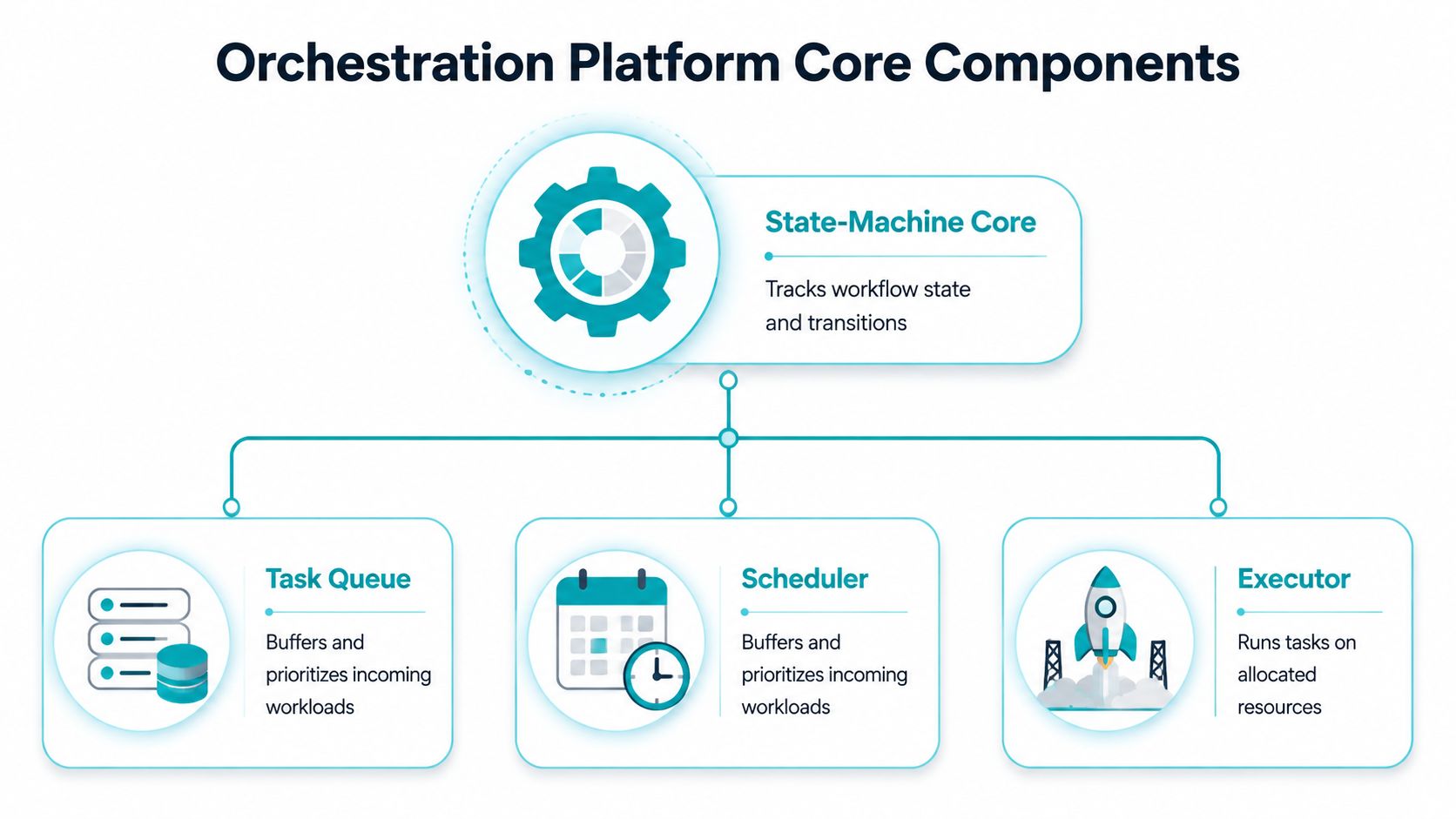 A diagram illustrating the four core components of an orchestration platform including state-machine, task queue, scheduler, and executor.