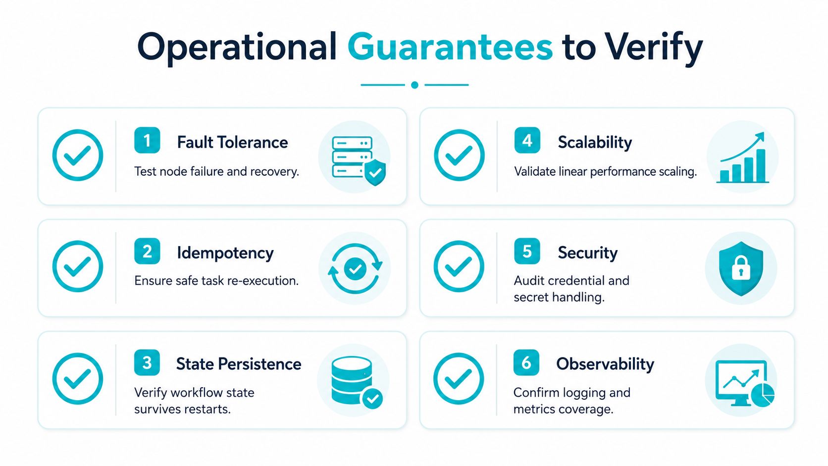An infographic listing six operational guarantees for verifying system reliability, including fault tolerance, scalability, and security.
