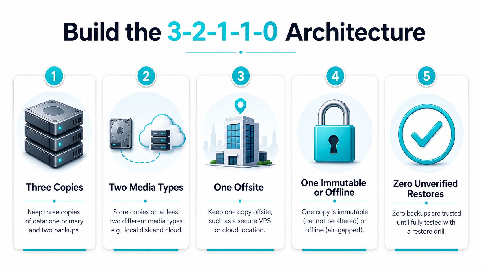A diagram illustrating the 3-2-1-1-0 architecture for data protection, backups, and ransomware disaster recovery strategies.