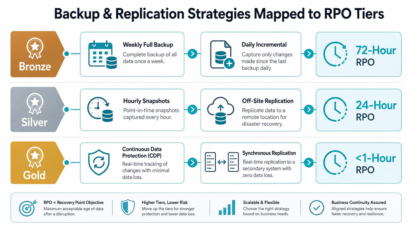 A diagram comparing Bronze, Silver, and Gold backup and replication strategies against their respective recovery point objectives.