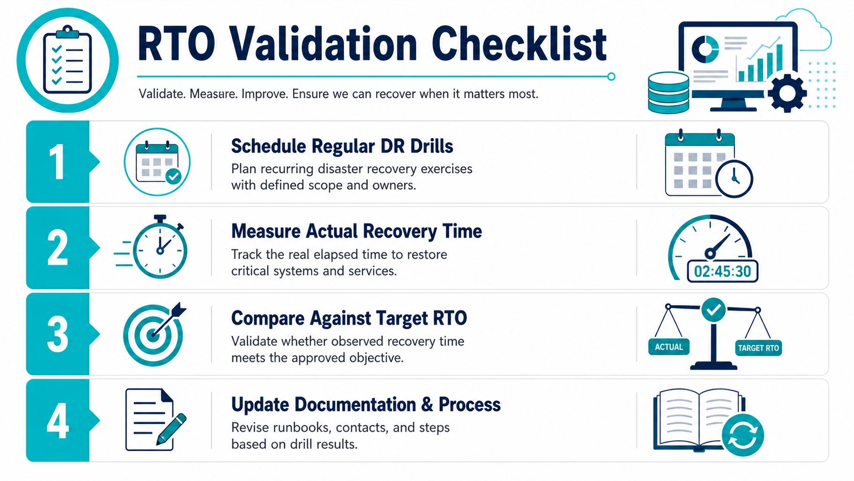 A four-step RTO validation checklist infographic detailing the process for testing and improving disaster recovery procedures.