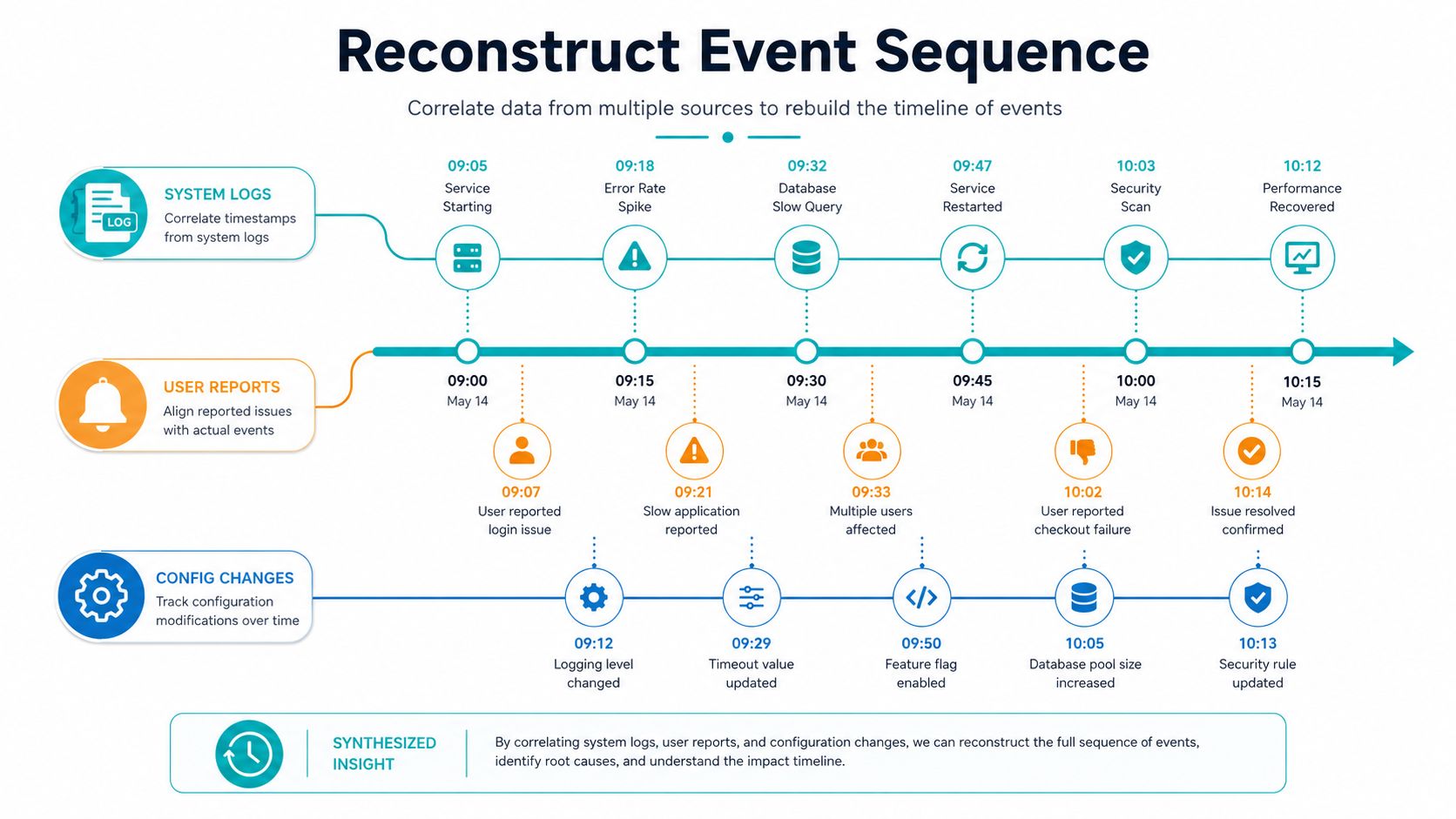 A diagram illustrating a step-by-step root cause analysis process by correlating system logs, user reports, and configuration changes.