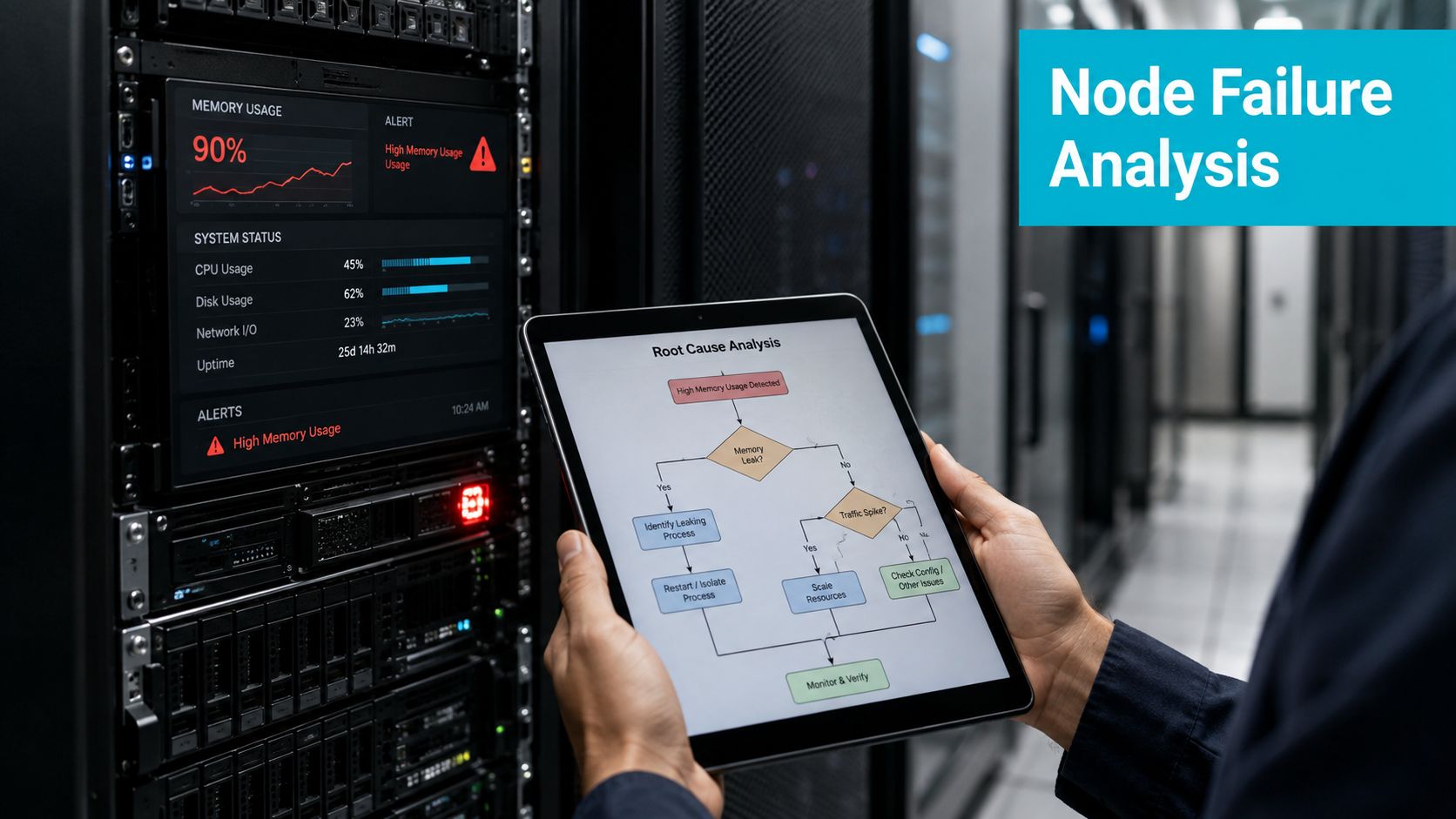 A technician holds a tablet displaying a root cause analysis flowchart in a modern server room.