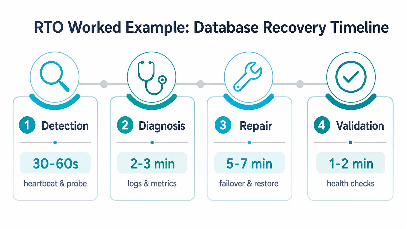 A four-step infographic showing the database recovery timeline stages for RTO, including detection, diagnosis, repair, and validation.