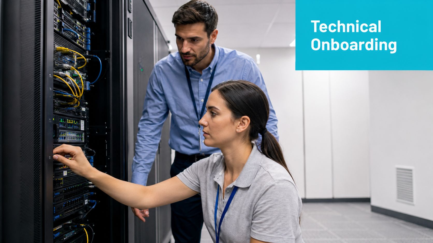 A professional technician guiding a new employee on server maintenance during a technical onboarding session in a datacenter.