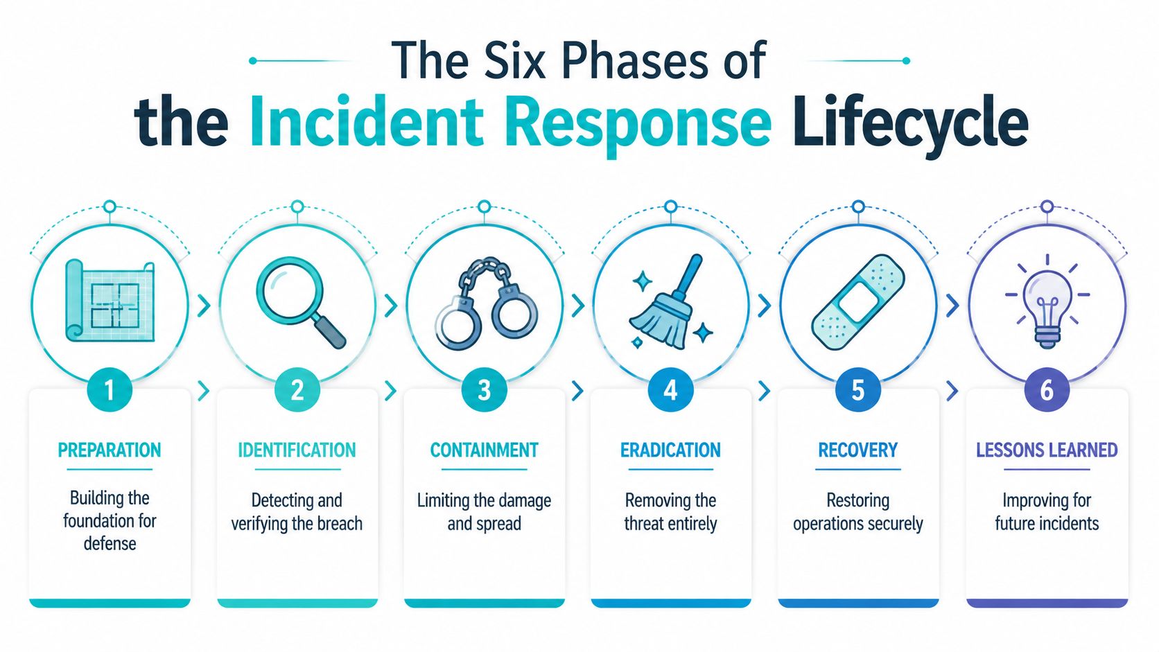 A diagram outlining the six phases of the incident response lifecycle from preparation to lessons learned.