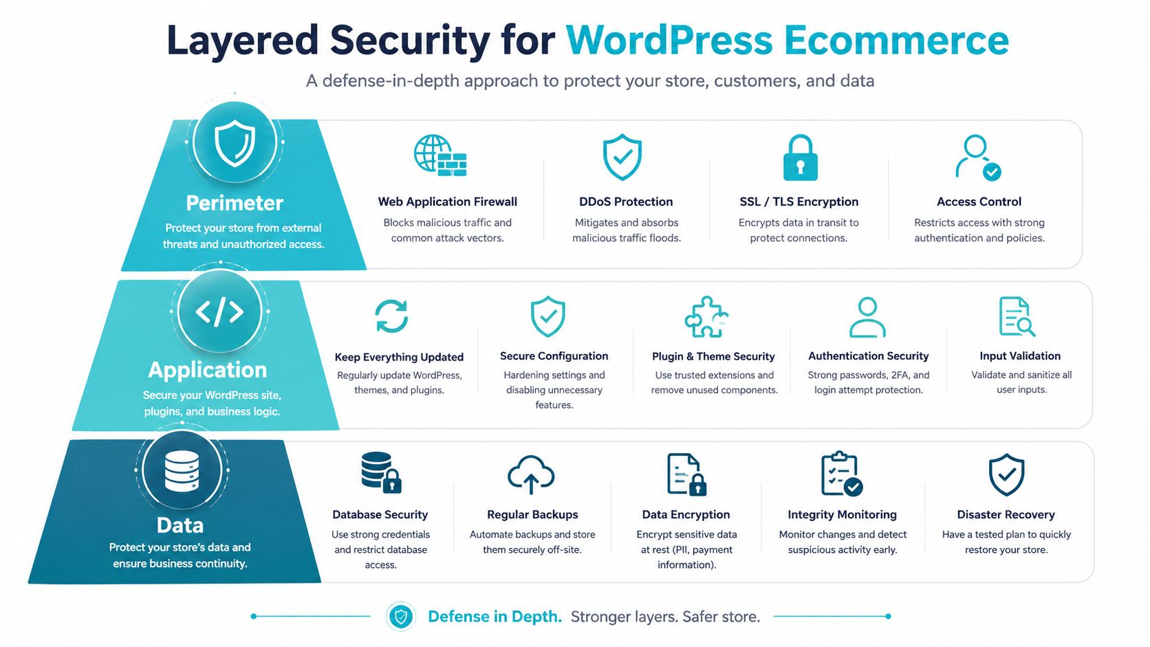 A diagram illustrating a defense-in-depth security strategy for WordPress ecommerce sites covering perimeter, application, and data layers.