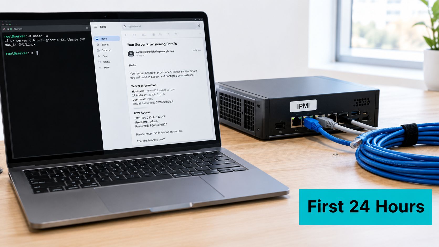 A laptop displays server credentials next to a bare metal server with IPMI port connected by cables.