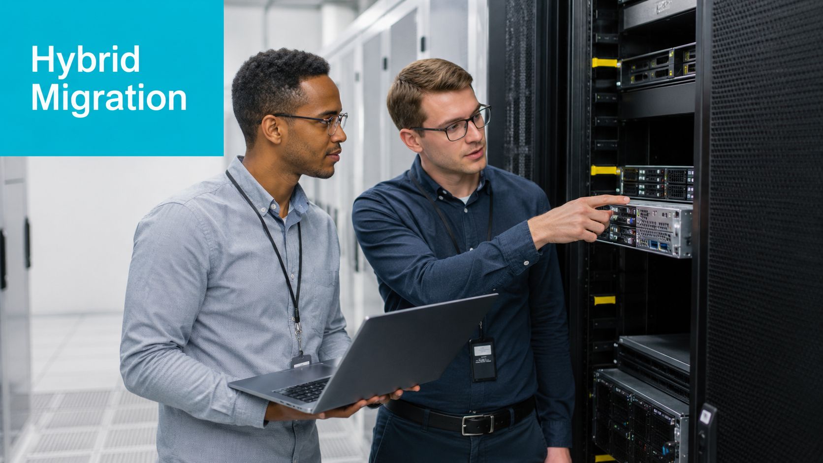 Two IT professionals standing in a server room looking at and configuring rack-mounted server hardware.