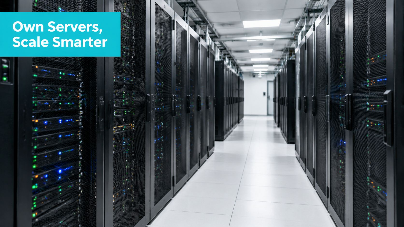A long aisle of industrial server racks in a data center facility with glowing status lights.