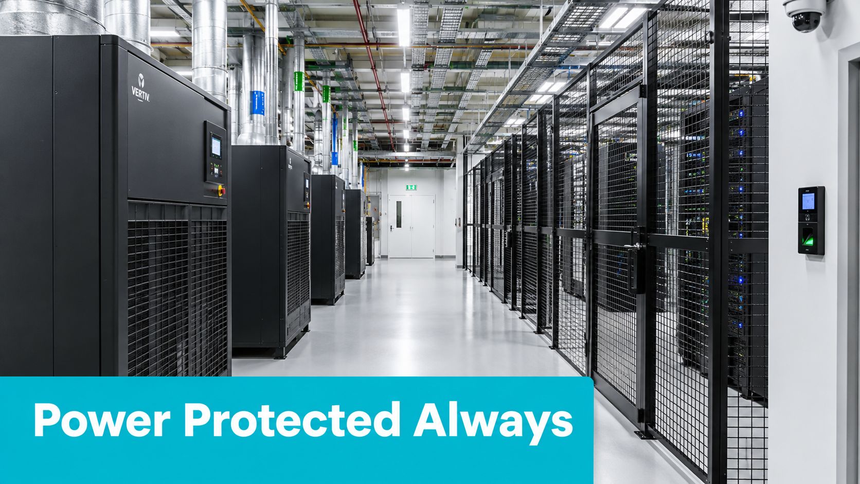A modern data center interior with Vertiv cooling units, server cages, and overhead infrastructure in a facility.