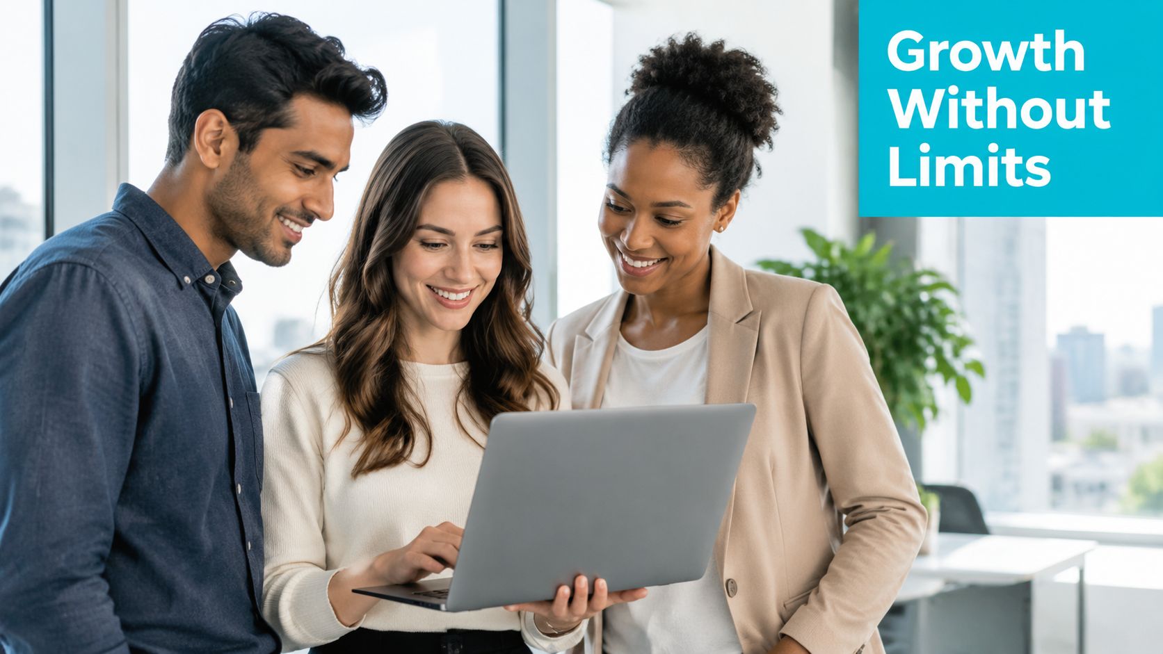 A professional team of three diverse colleagues collaborating on a project using a laptop in an office.