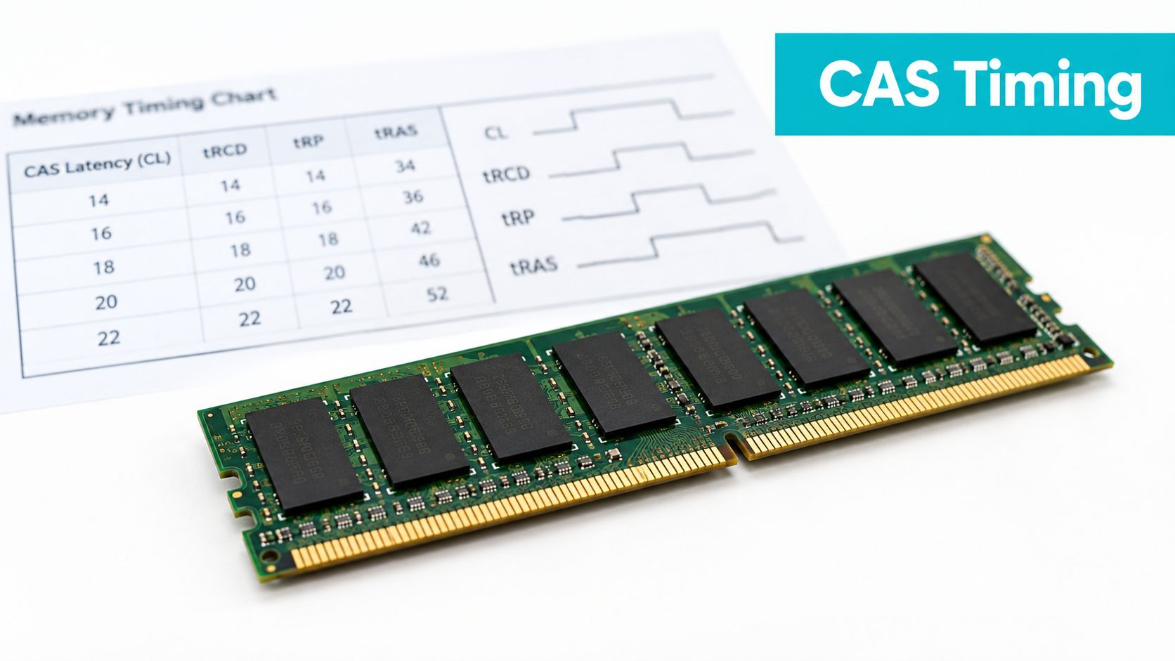 A RAM memory stick positioned next to a technical document explaining memory CAS timing values.