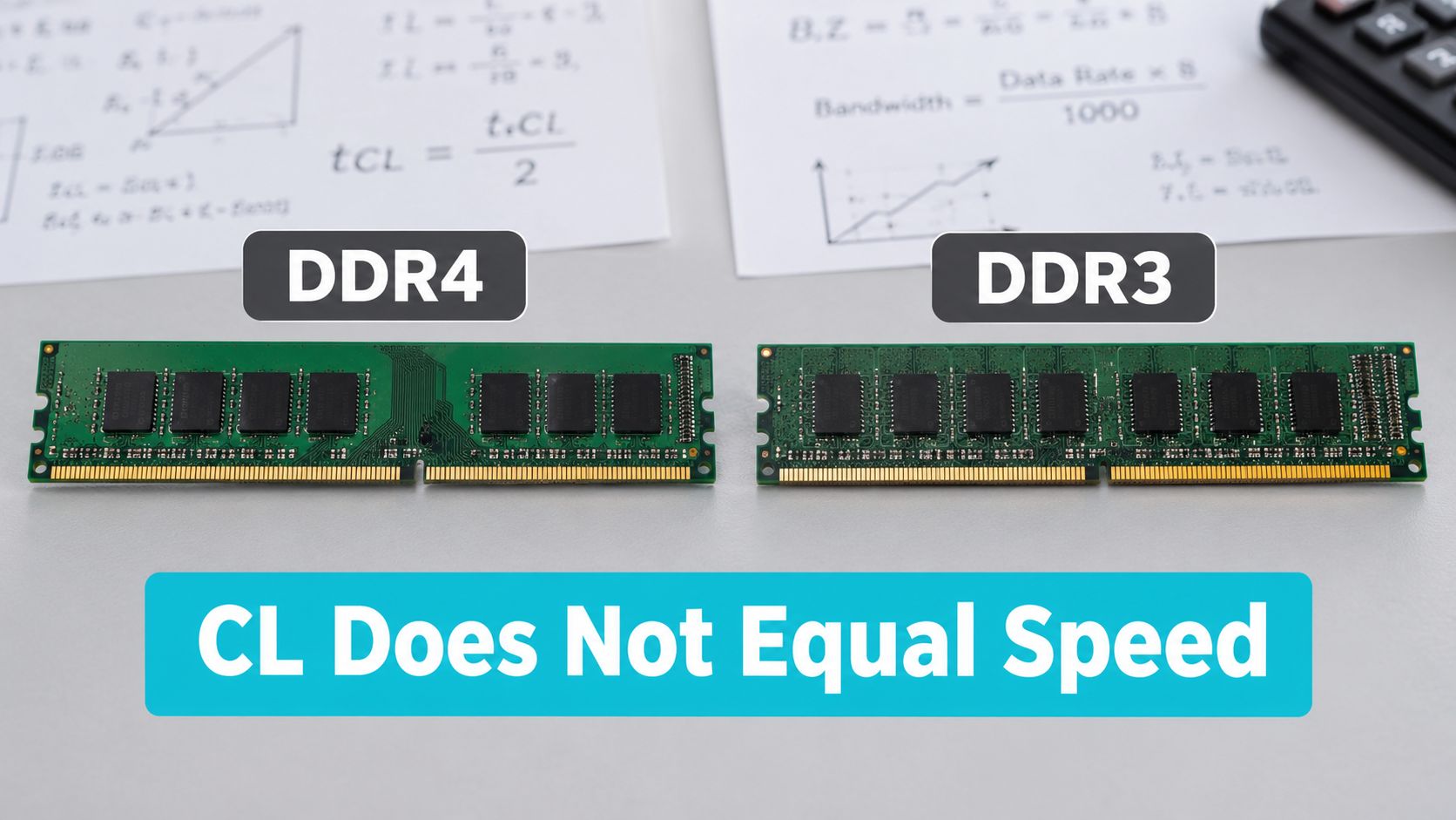 Comparison of DDR4 and DDR3 RAM memory sticks with mathematical formulas and labels regarding speed concepts.