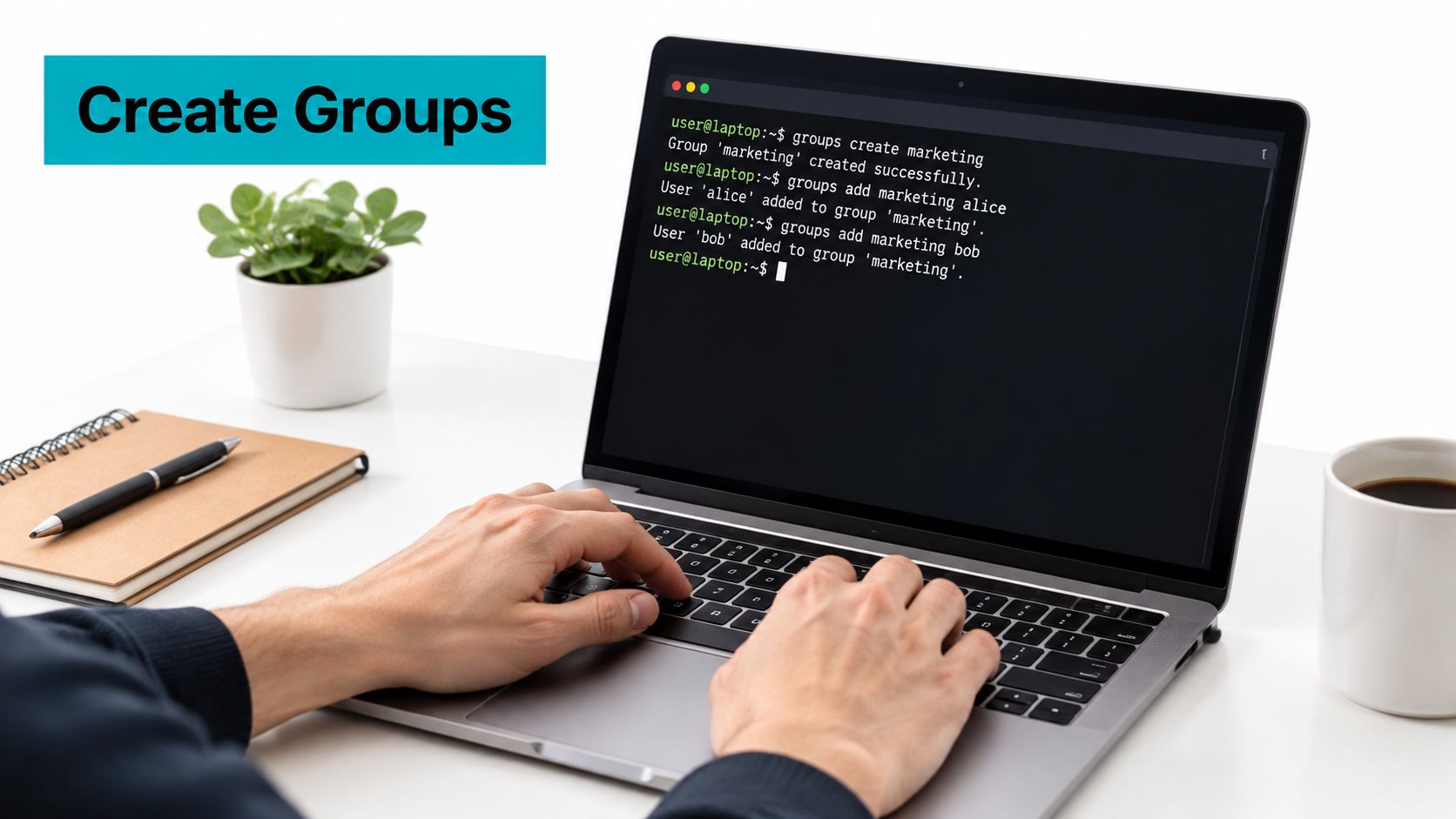 A person using a laptop to run terminal commands for creating and managing groups on Linux.