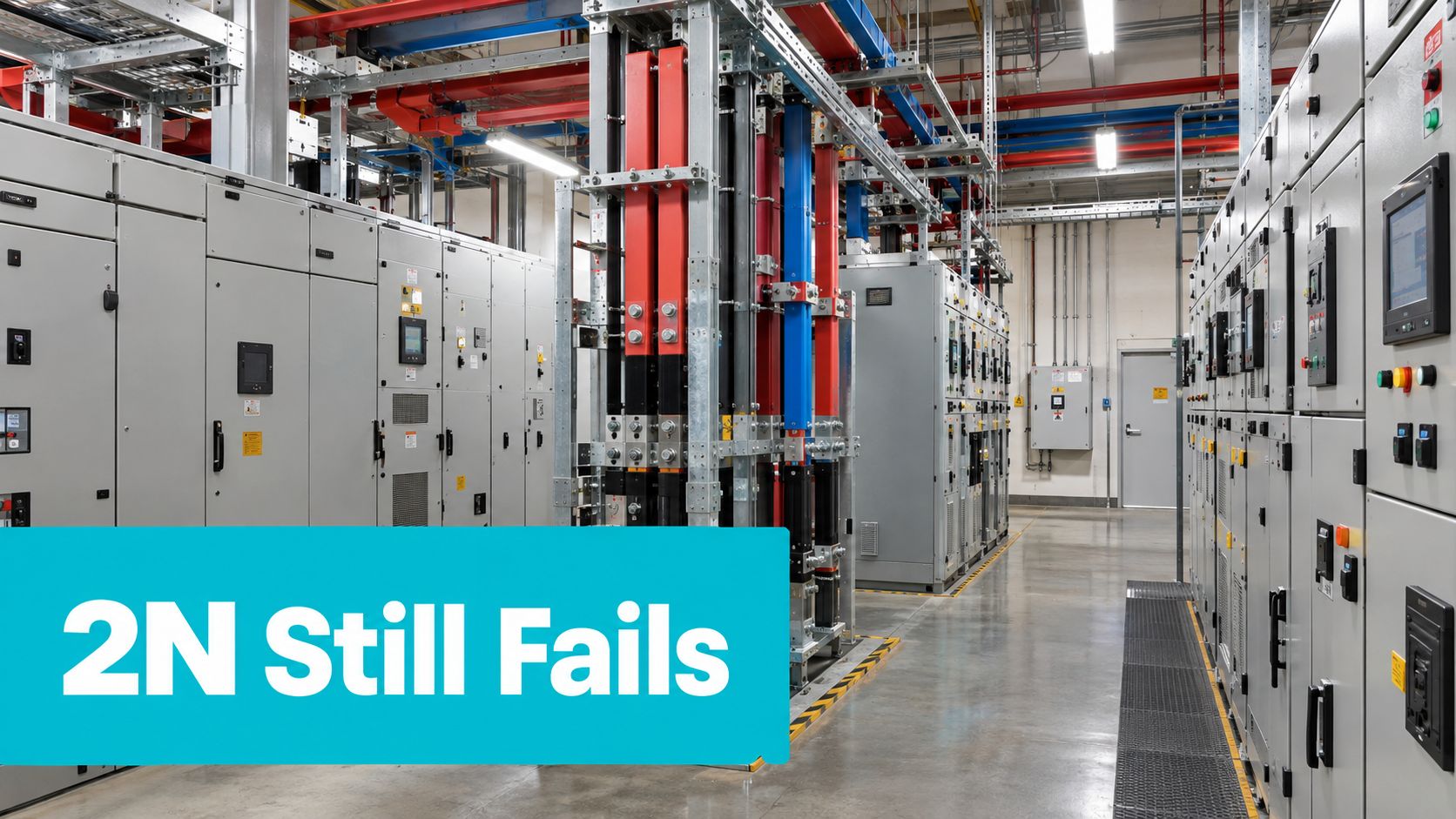 A wide angle view of electrical distribution switchgear cabinets in a modern industrial data center facility.