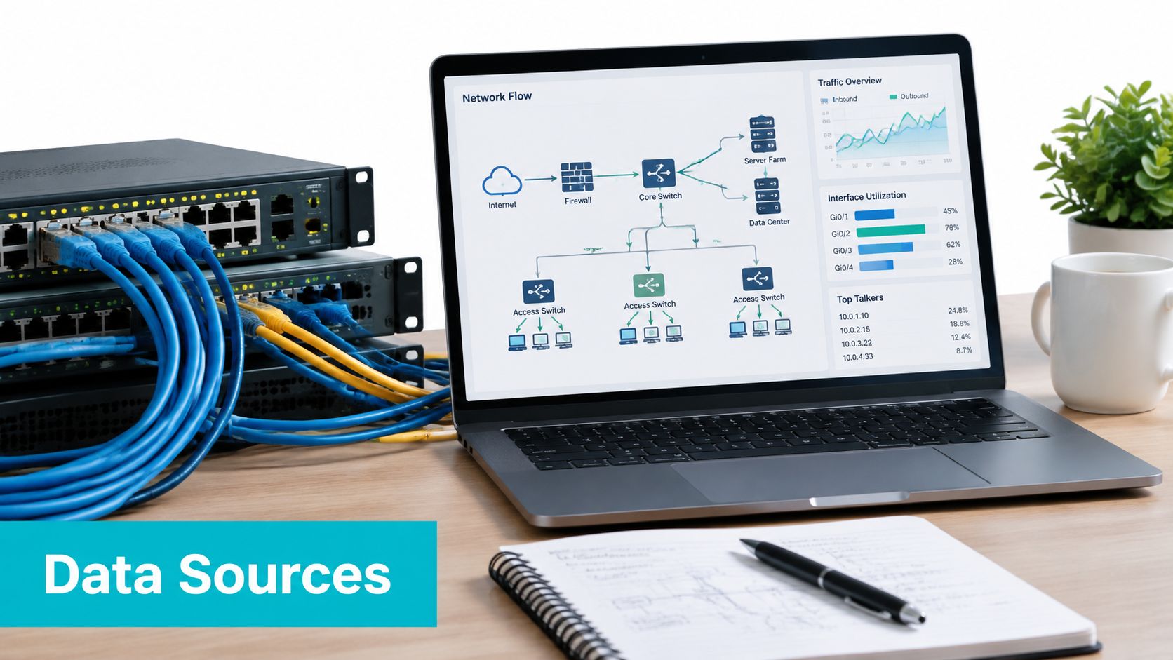 A laptop displaying a network topology and traffic dashboard next to network switches and a notebook.