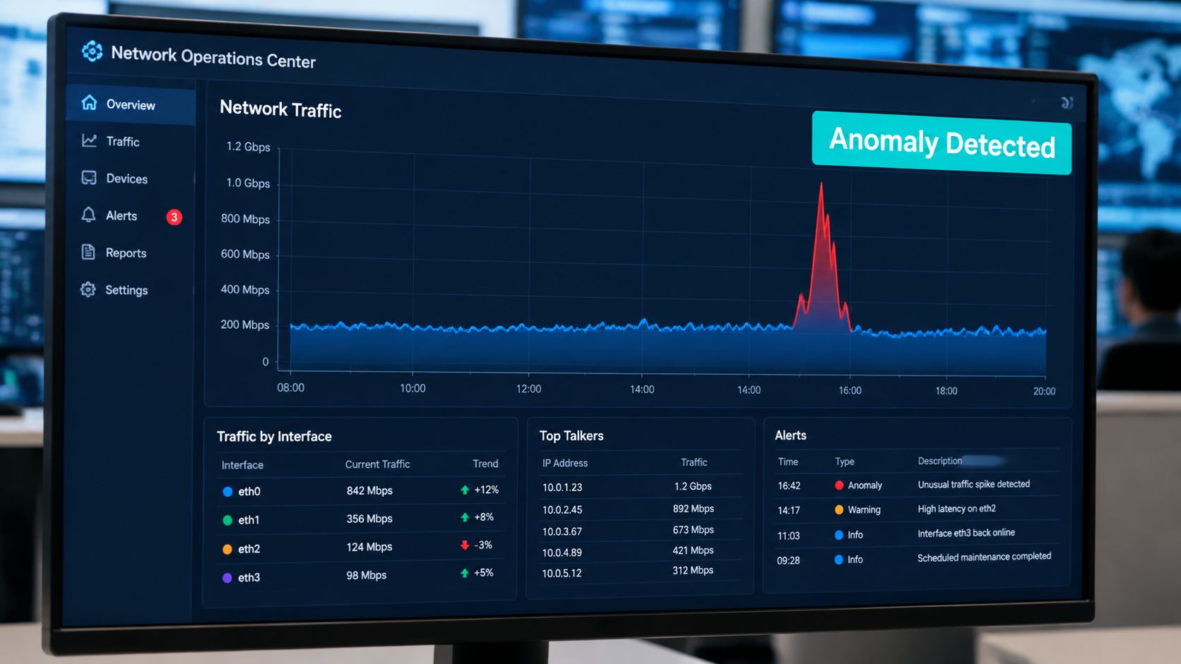 A digital dashboard showing a network monitoring interface with a traffic spike and anomaly detection alert.