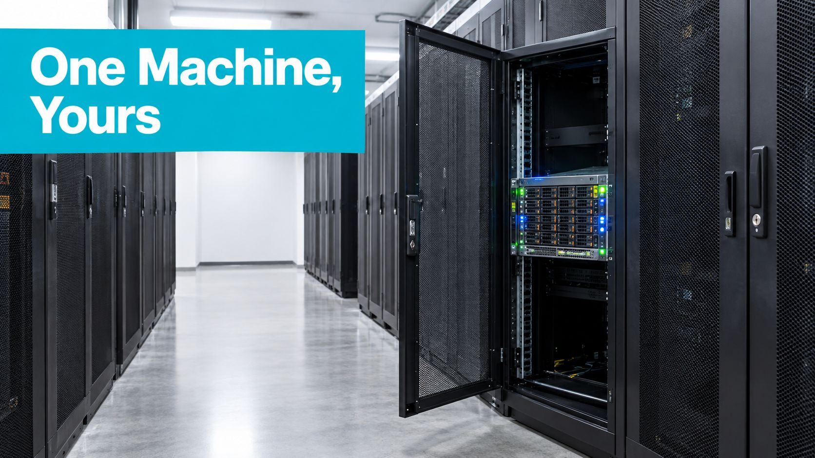 A single rack-mounted server with a door open in a professional data center aisle.