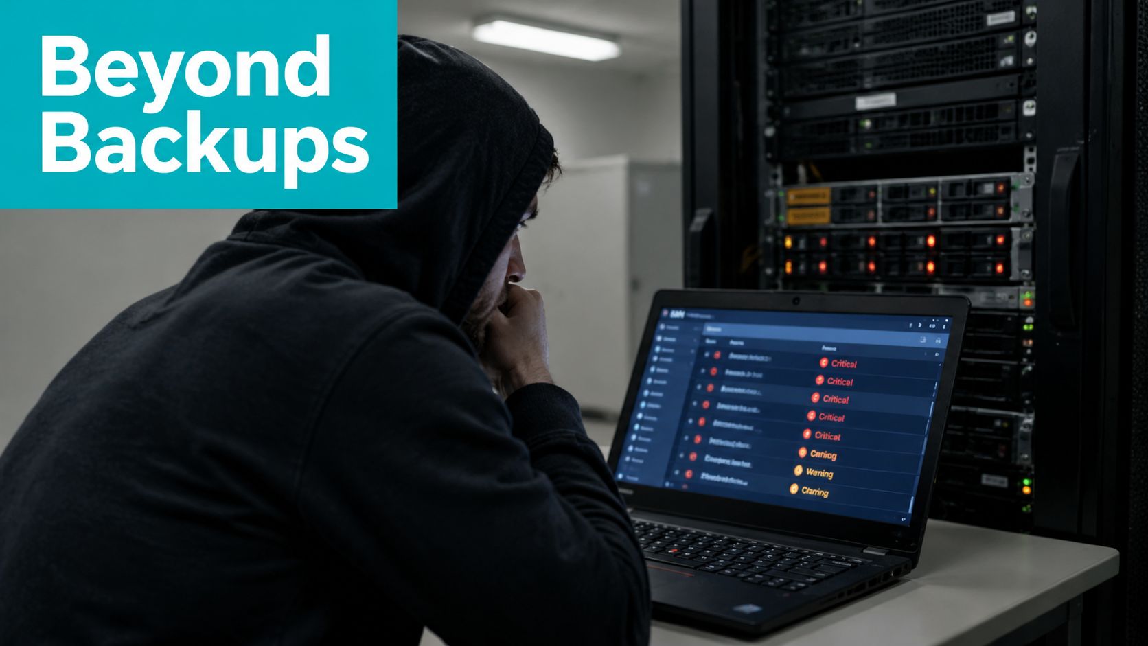 A person in a hoodie looks at a laptop displaying critical system warnings in a server room.