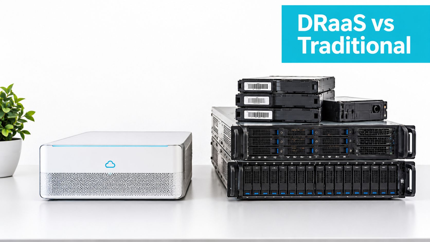 A conceptual comparison between modern cloud disaster recovery hardware and traditional stackable server infrastructure on a desk.