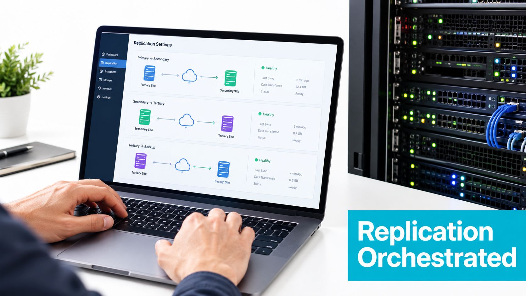 A person using a laptop to manage data replication settings between server sites for disaster recovery.