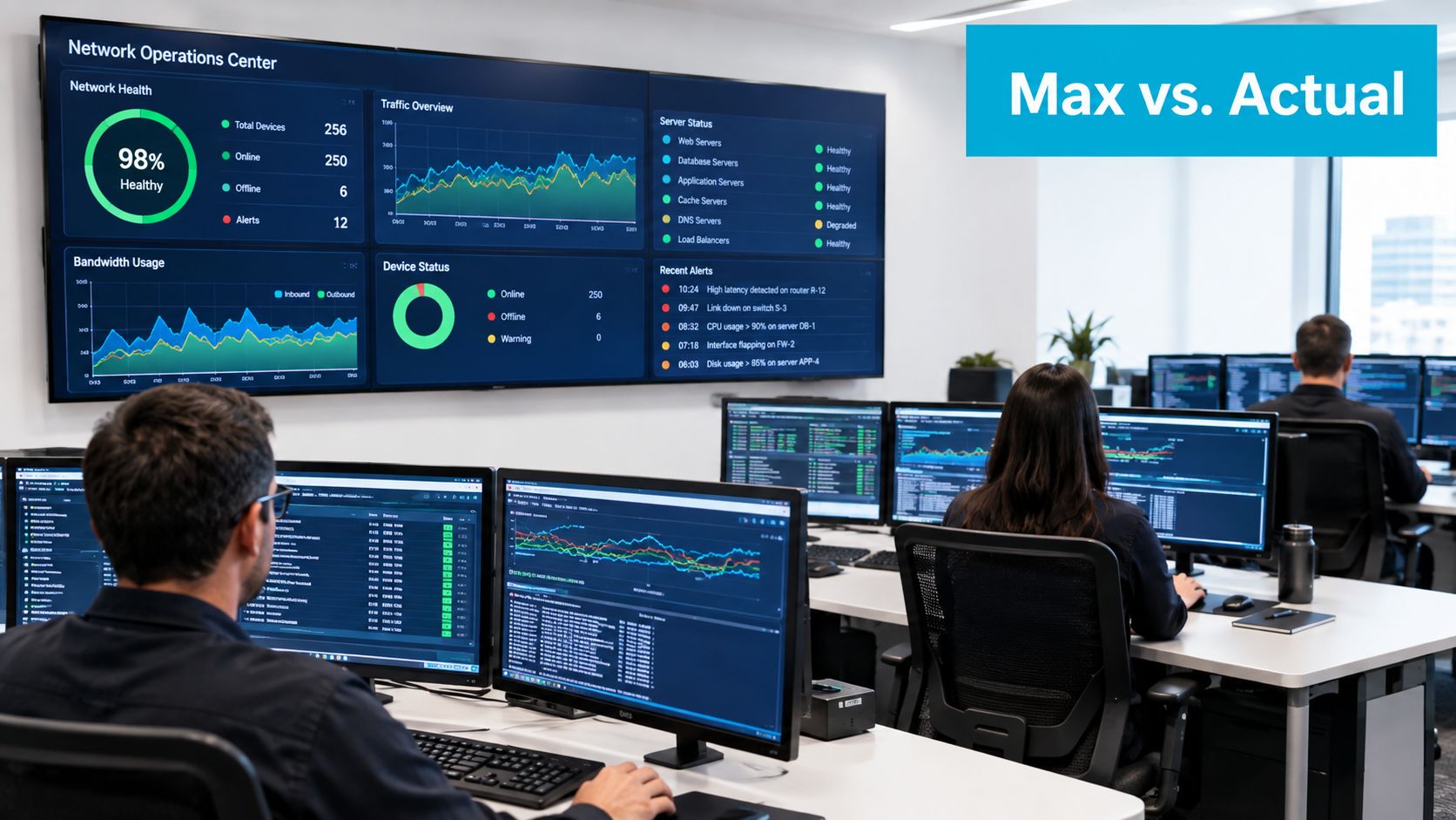 A professional network operations center with employees monitoring data dashboards and server status on multiple computer screens.
