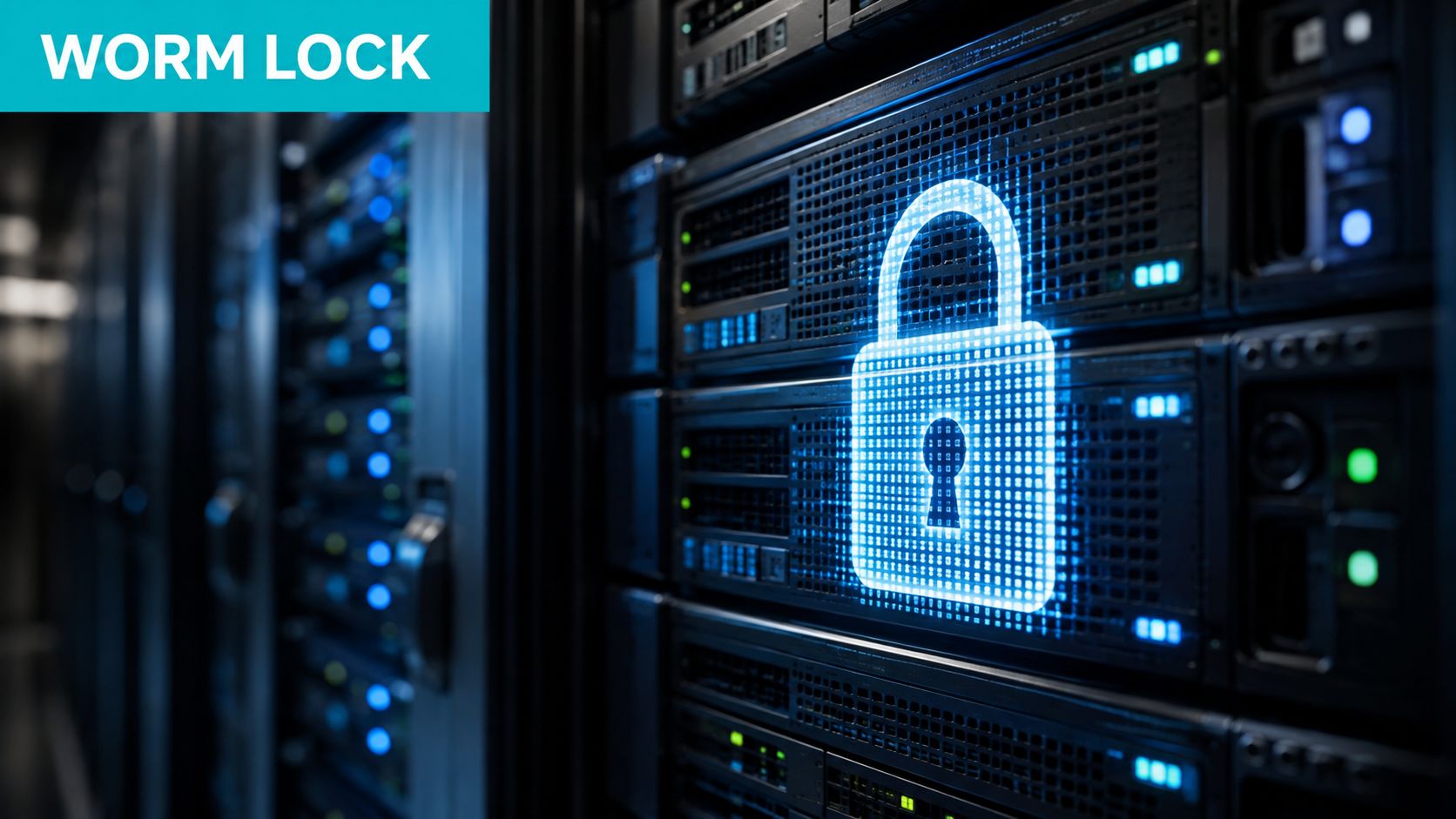 A glowing digital padlock icon displayed on a dark, modern enterprise server rack in a data center.