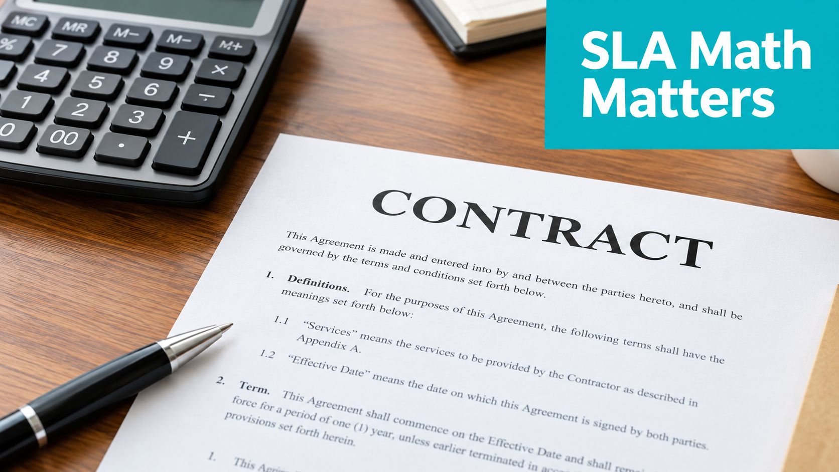 A professional contract document on a desk next to a calculator and pen representing service agreements.