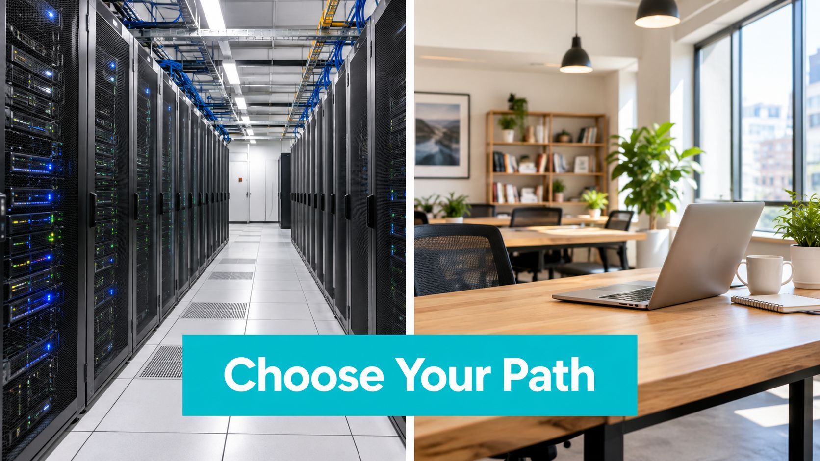 A split-screen image showing a server room data center alongside a modern, comfortable office workspace.