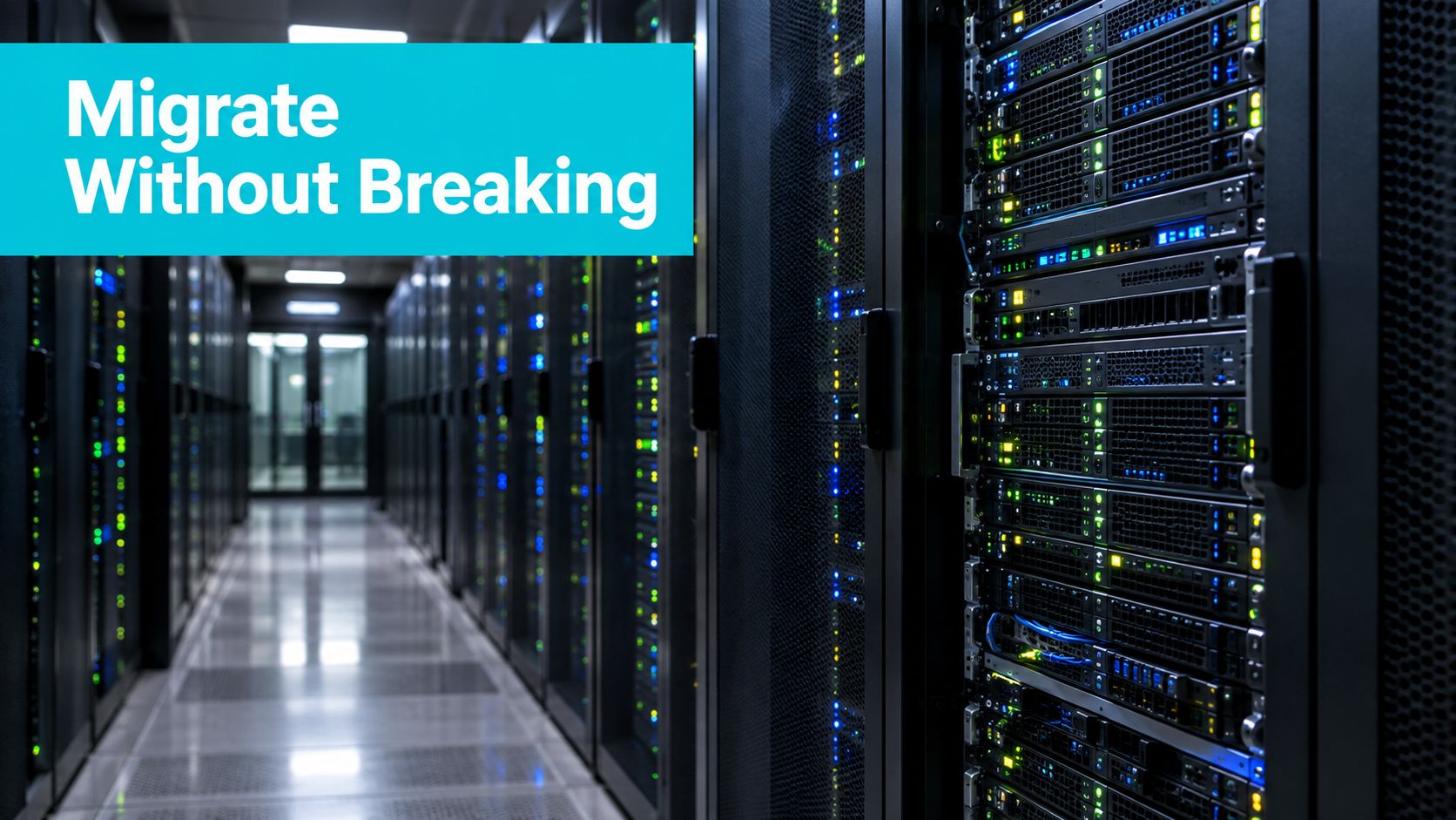 A brightly lit server room with rows of racks containing high performance networking equipment and servers.