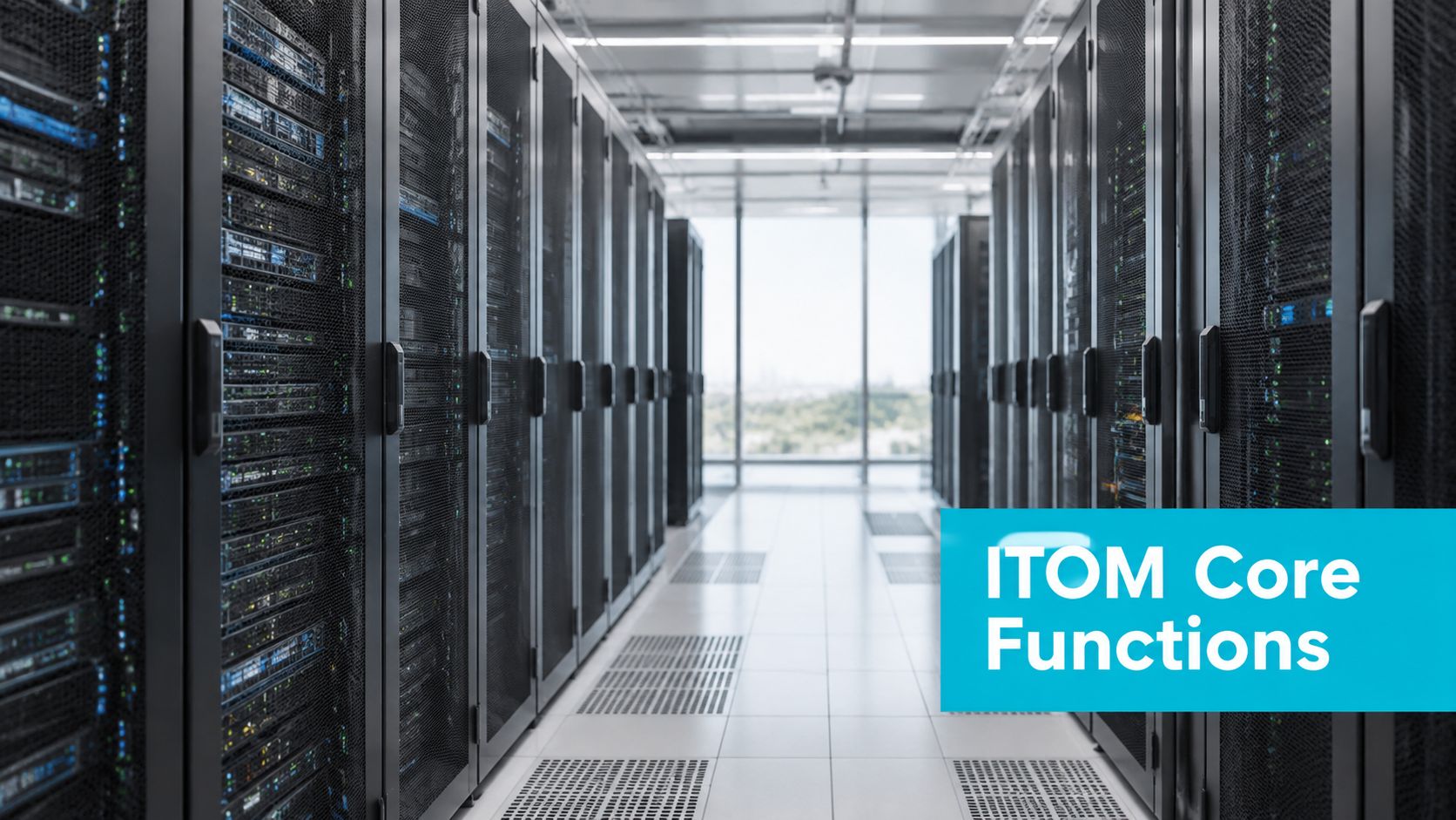 A modern data center aisle featuring rows of server racks with blinking indicator lights and networking equipment.