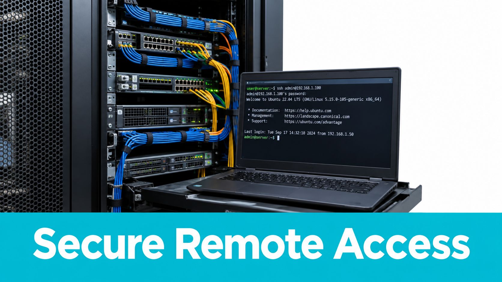 A server rack with network cables connected to a laptop showing a Linux terminal session.