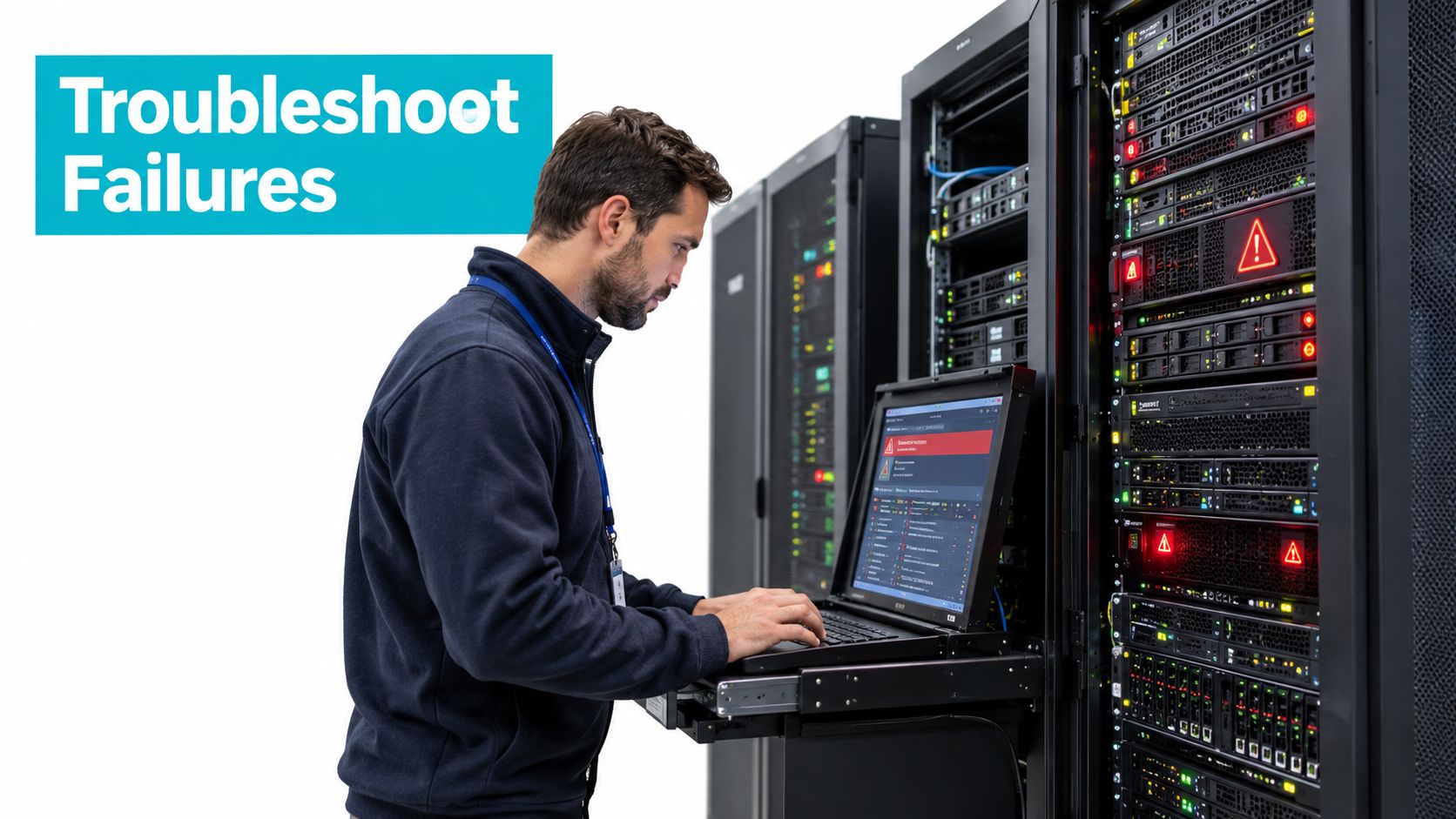 An IT technician troubleshooting server failures in a data center while using a rack-mounted console screen.