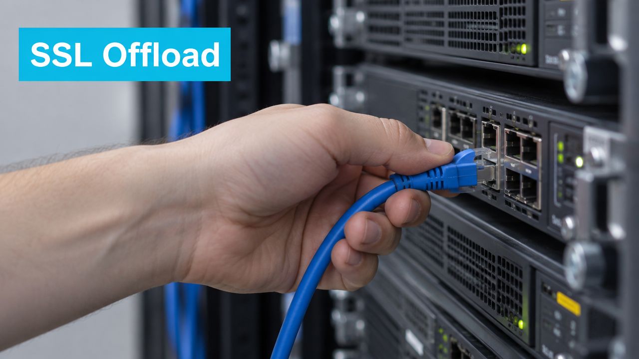 A close-up shot of a technician plugging a blue Ethernet cable into a server rack networking port.