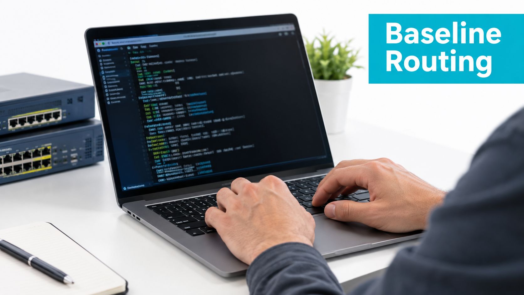 A person coding on a laptop with network equipment on a desk for baseline routing configuration.