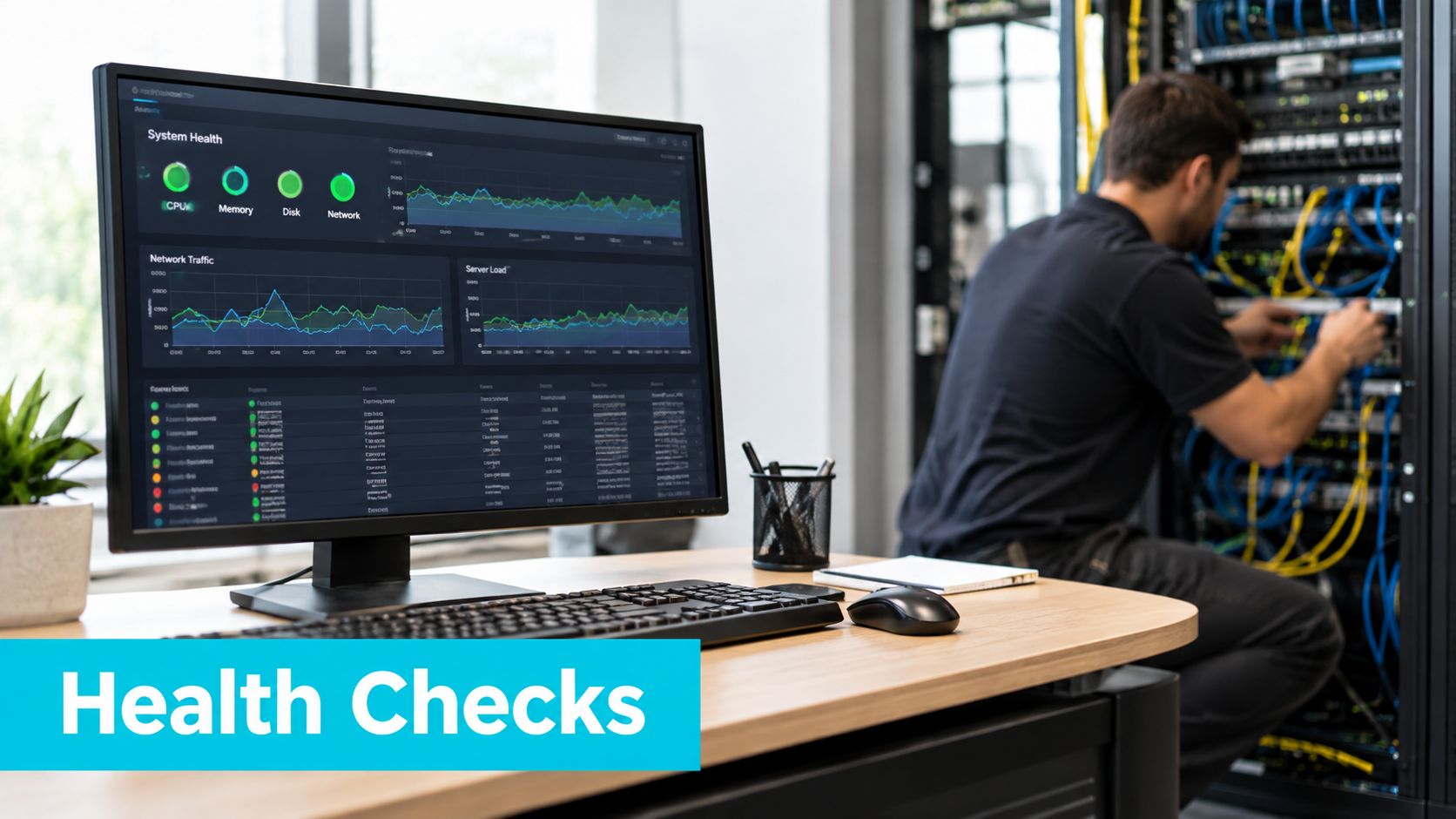 A systems engineer manages server cables while a desktop monitor displays real-time health metrics and server performance data.